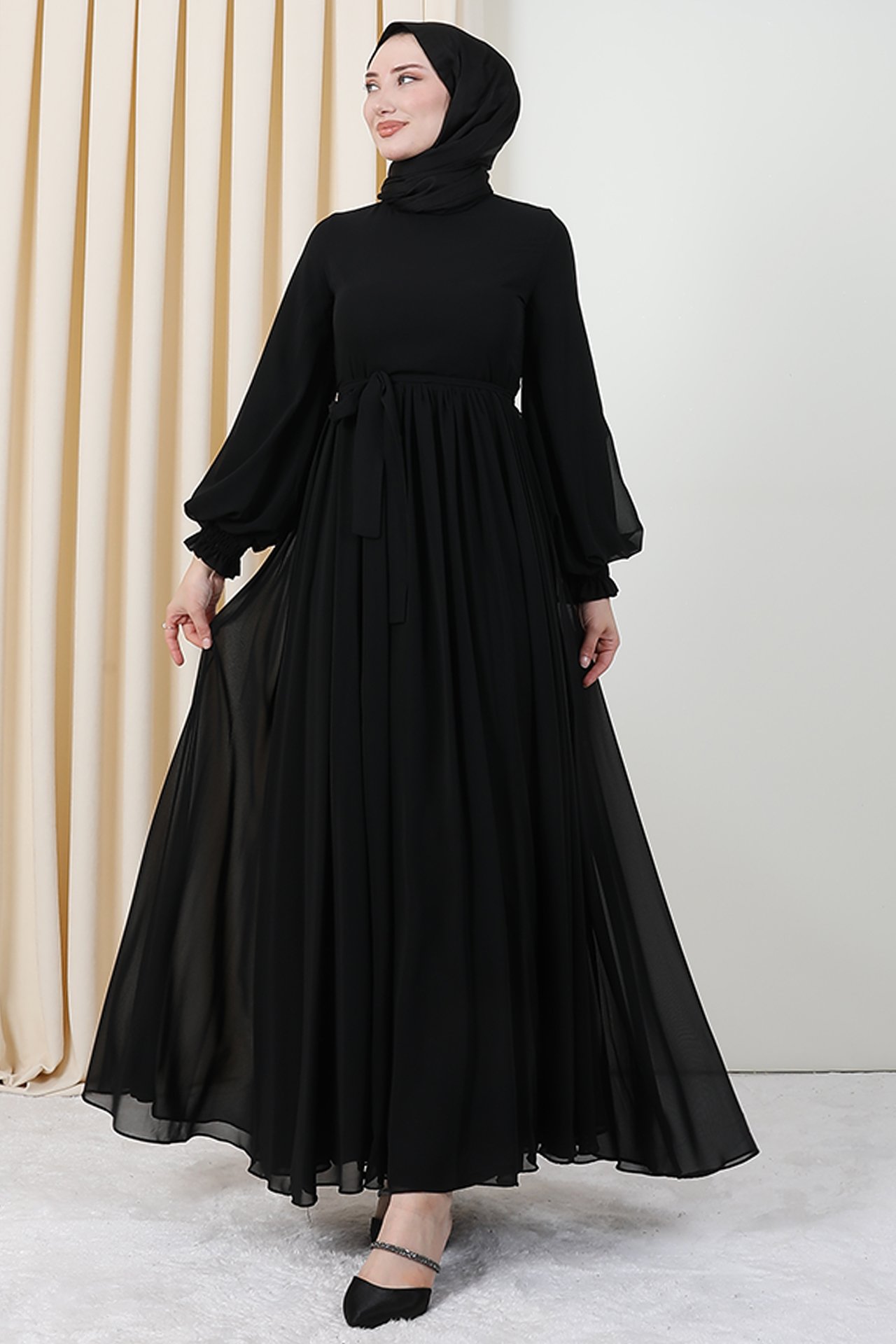 GİZAGİYİM - Giza Kolları Lastikli Şifon Elbise Siyah