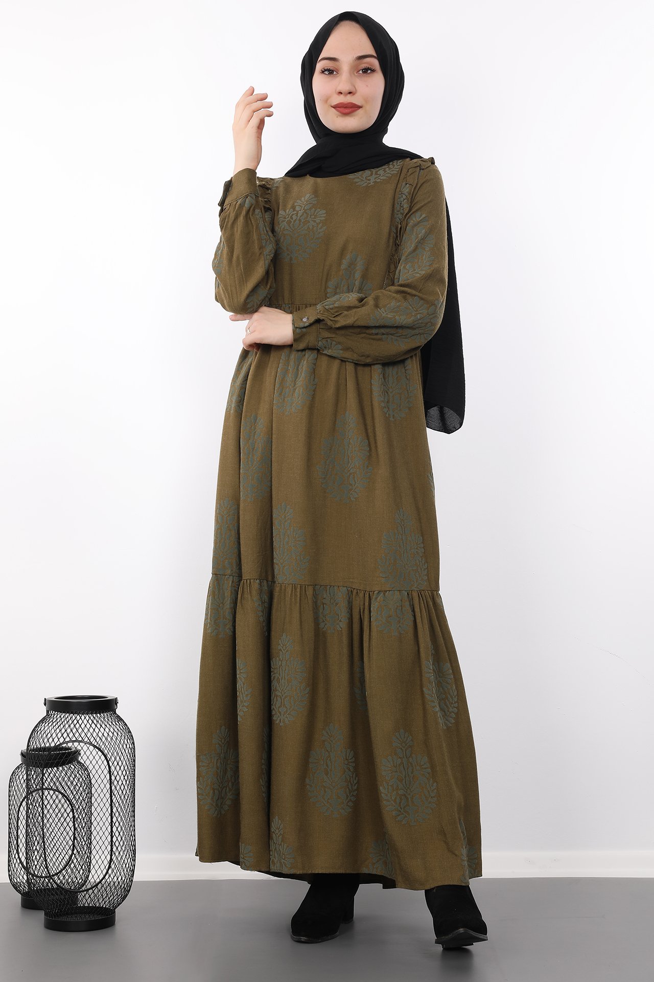GİZAGİYİM - Fırfırlı Retro Desen Elbise Kına yeşil