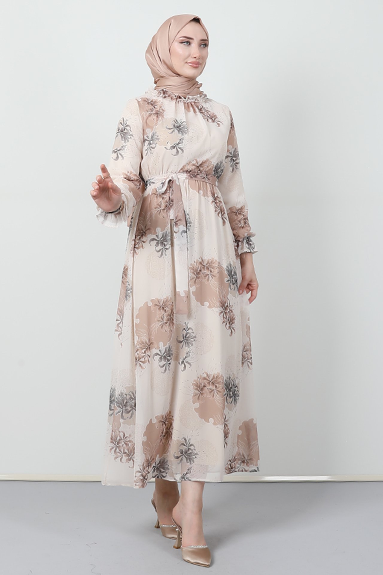 GİZAGİYİM - Çiçekli Şifon Elbise Bej