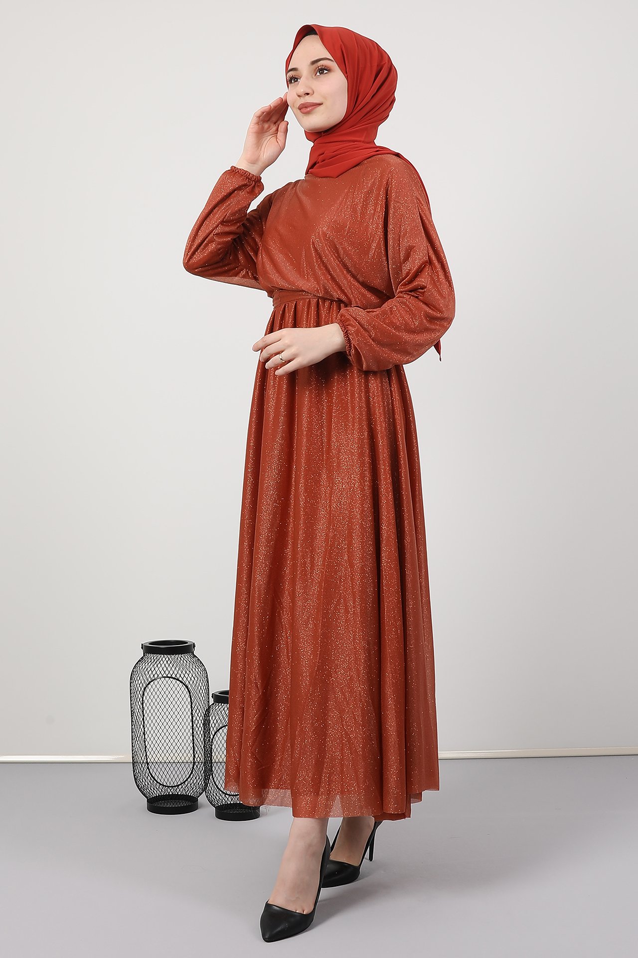 GİZAGİYİM - Giza Simli Şifon Elbise Kiremit