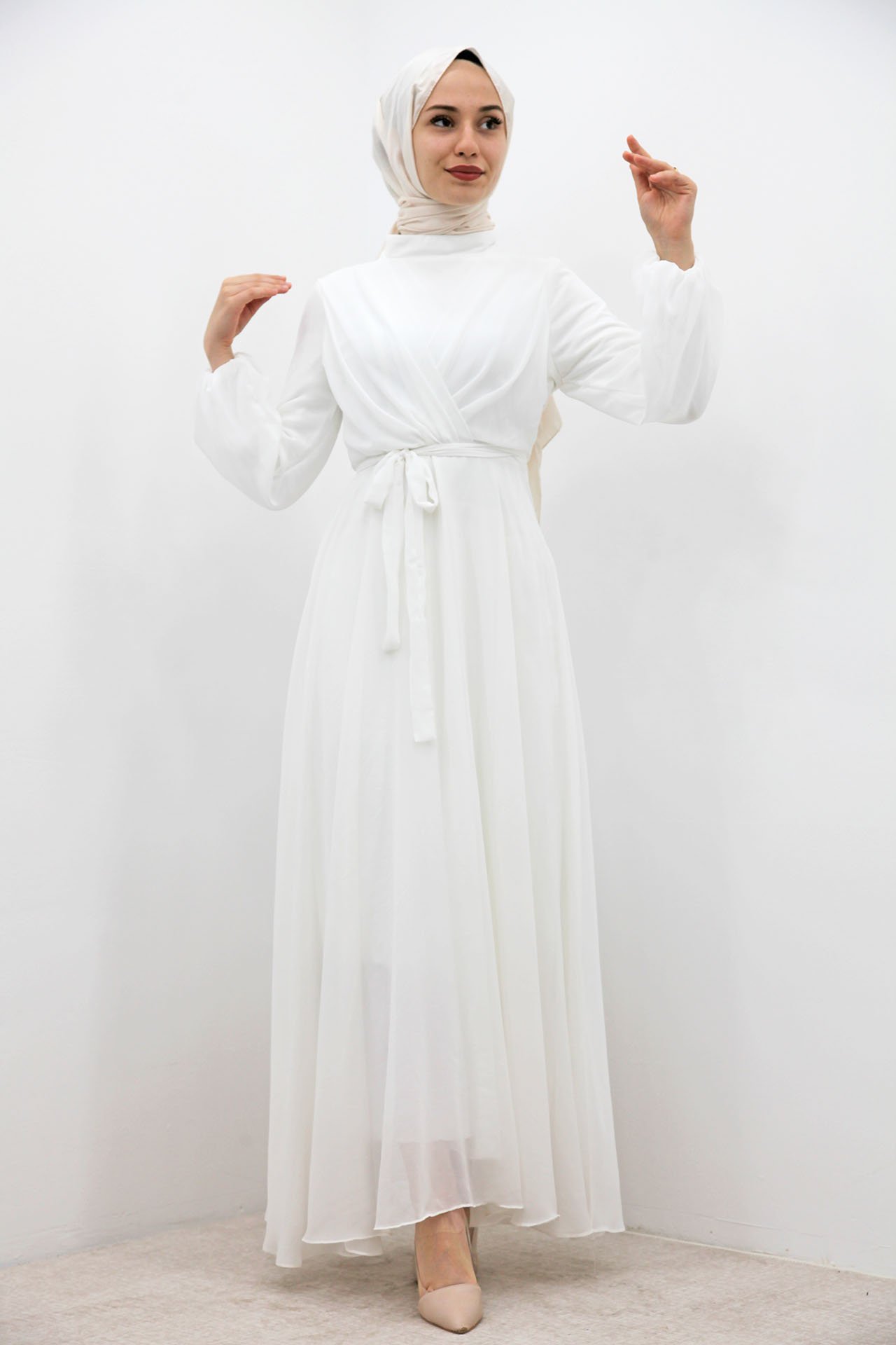 GİZAGİYİM - Önü Çarpraz Şifon Elbise Beyaz