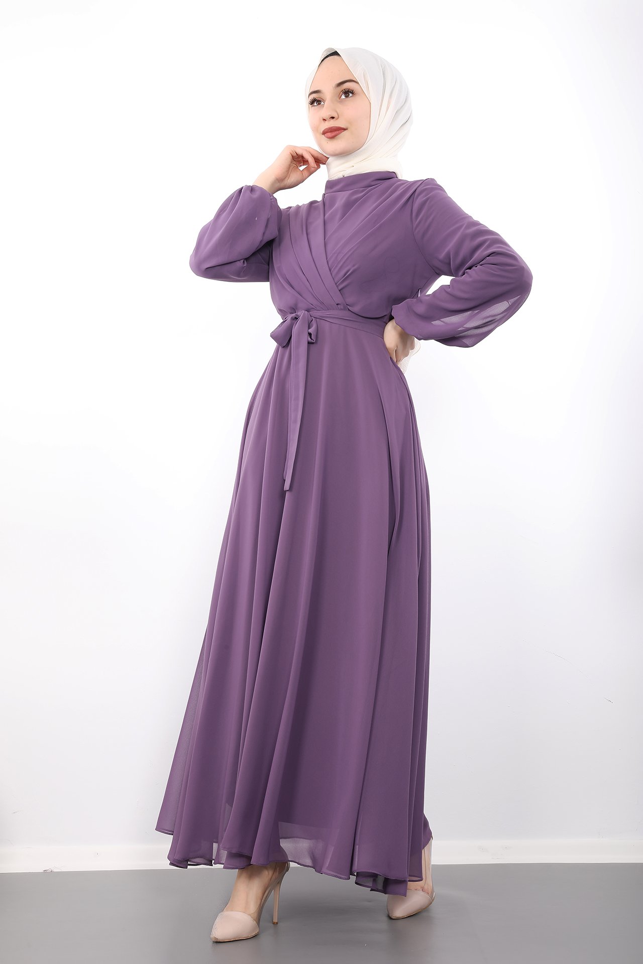 GİZAGİYİM - Önü Çarpraz Şifon Elbise Lila