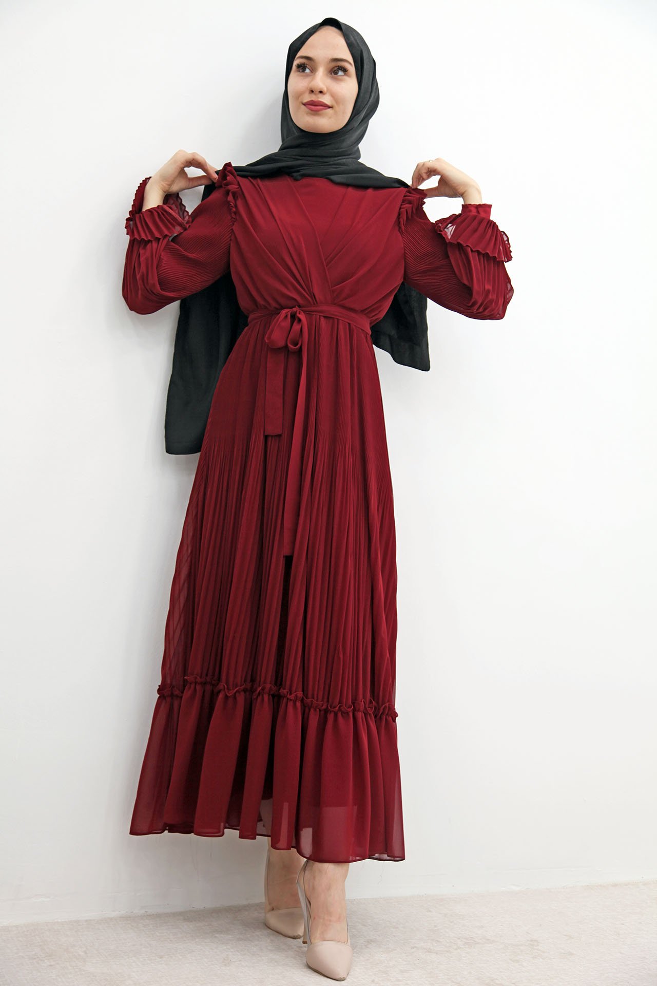GİZAGİYİM - Önü Çapraz Piliseli Elbise Bordo