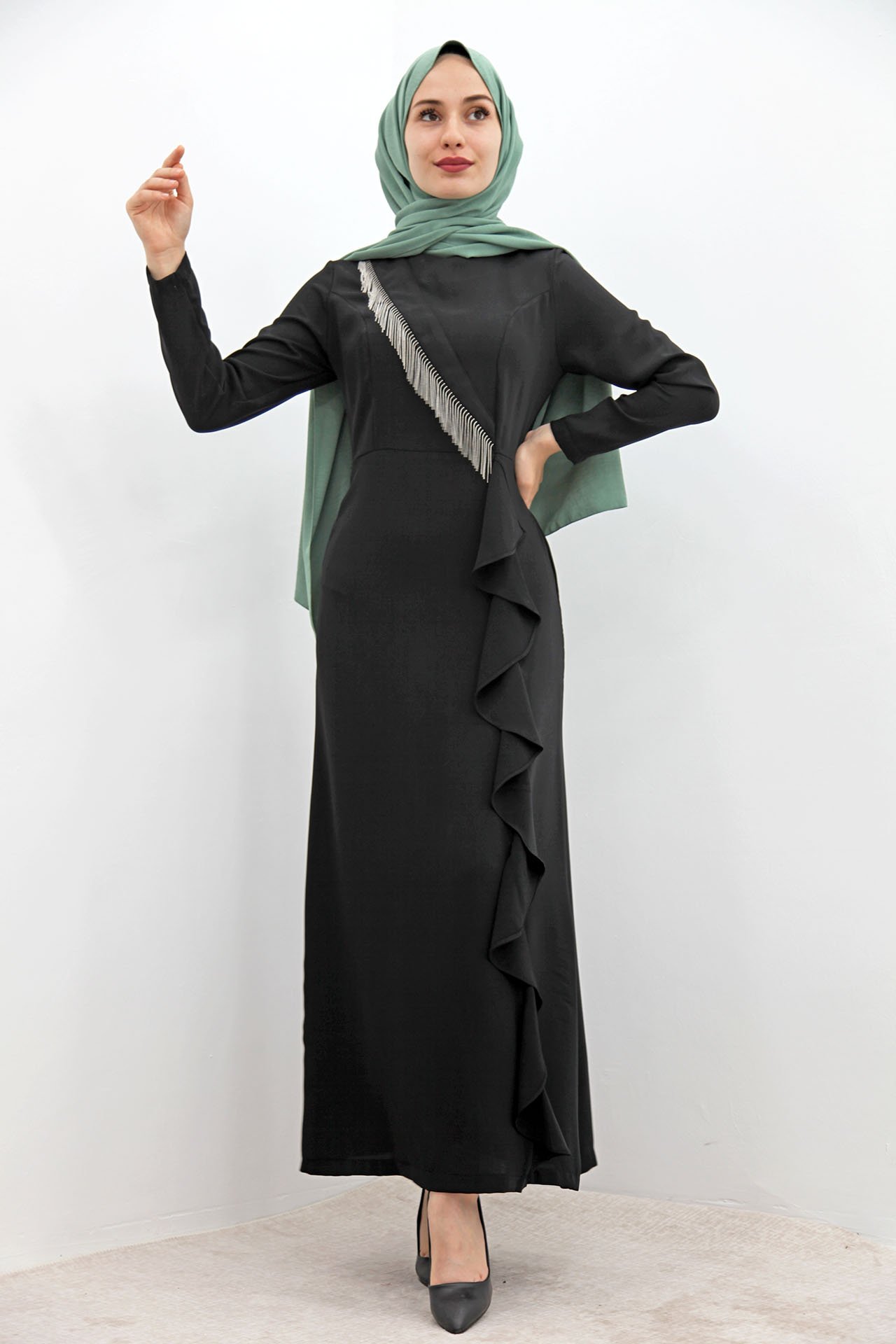 GİZAGİYİM - Eteği Dalgalı Kalem Elbise Siyah