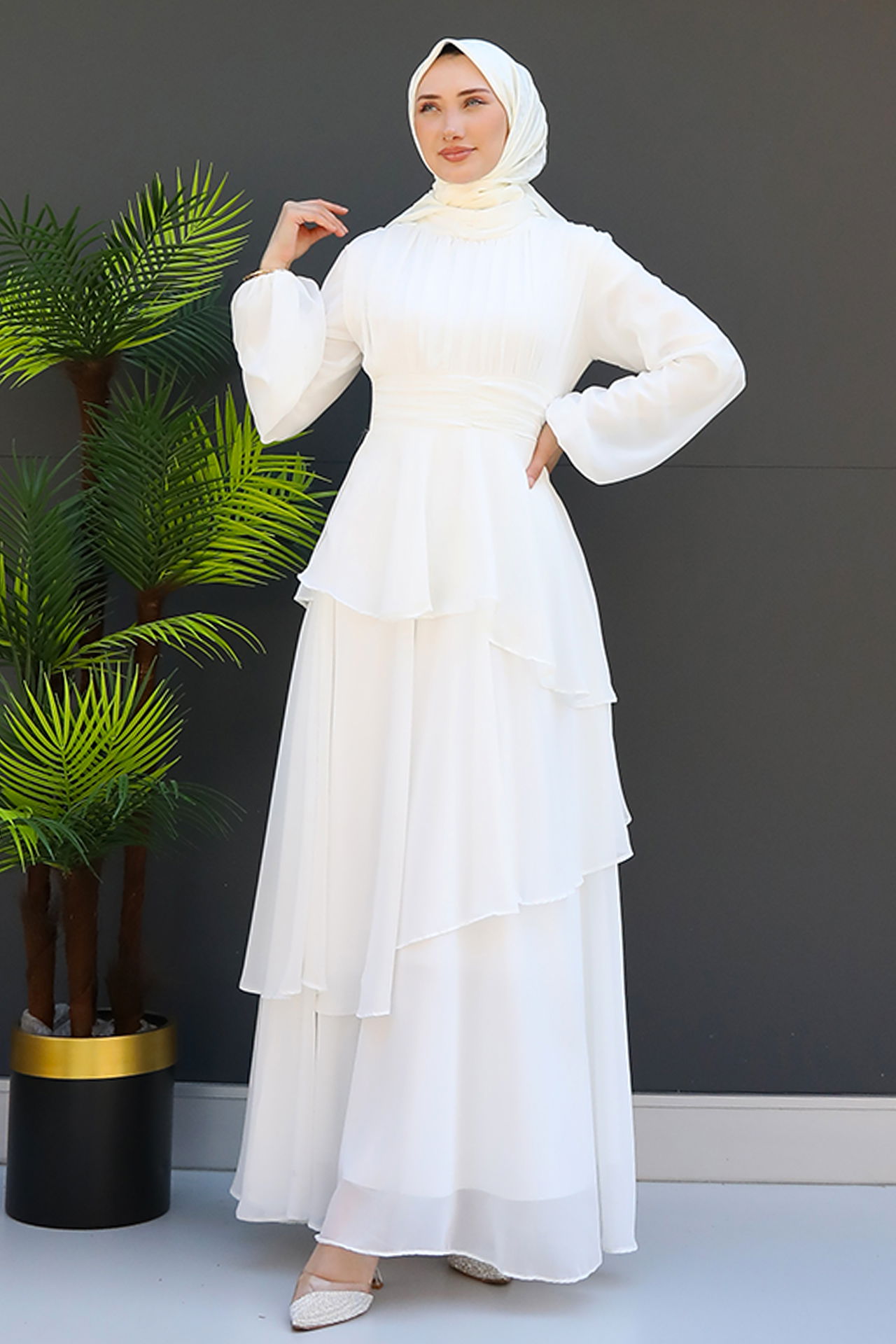 GİZ AGİYİM - Bel Detay Katlı Elbise Beyaz