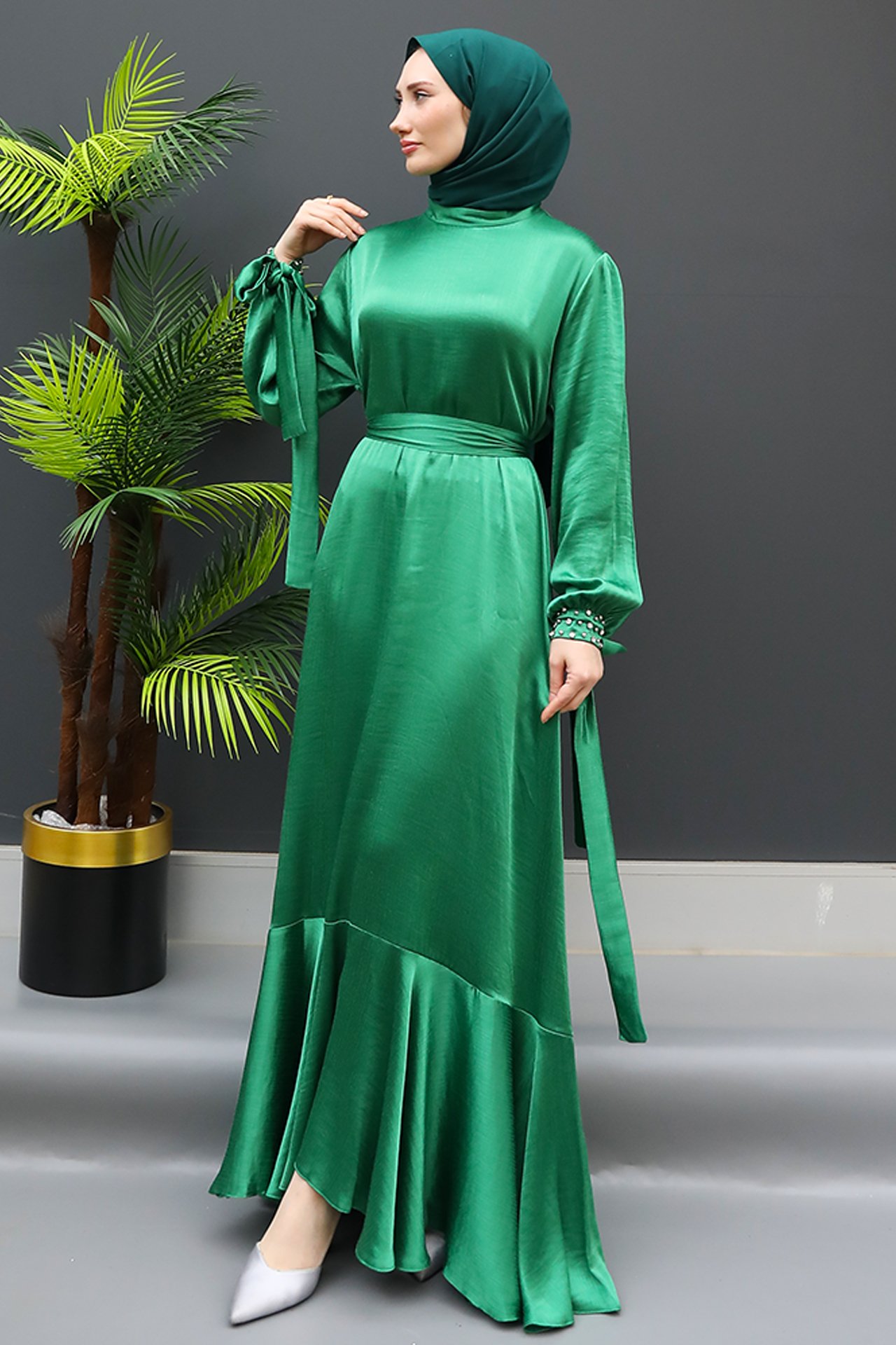 GİZ AGİYİM - Kolu Taşlı Ve Bağlamalı Elbise Yeşil