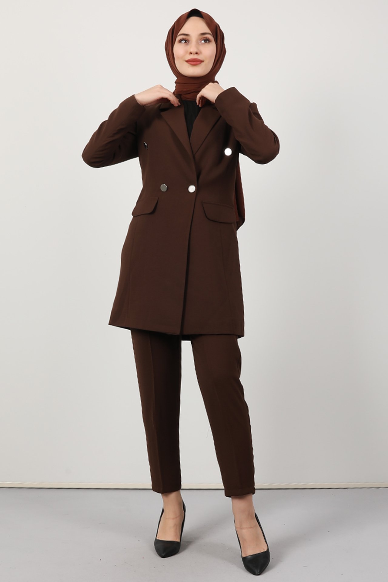 GİZAGİYİM - Blazer Ceket Takım Kahverengi