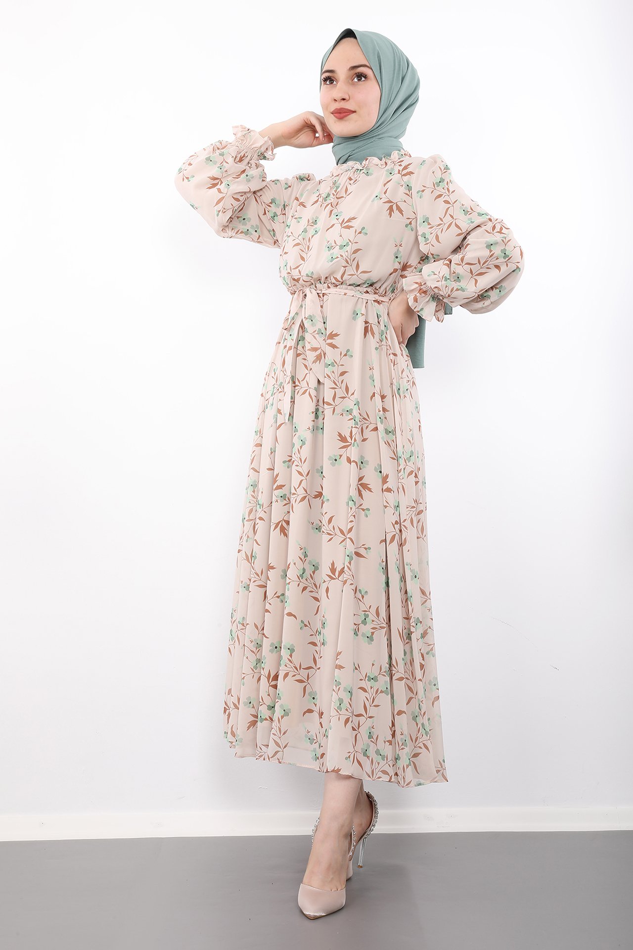 GİZAGİYİM - Yonca Çiçekli Elbise Mint