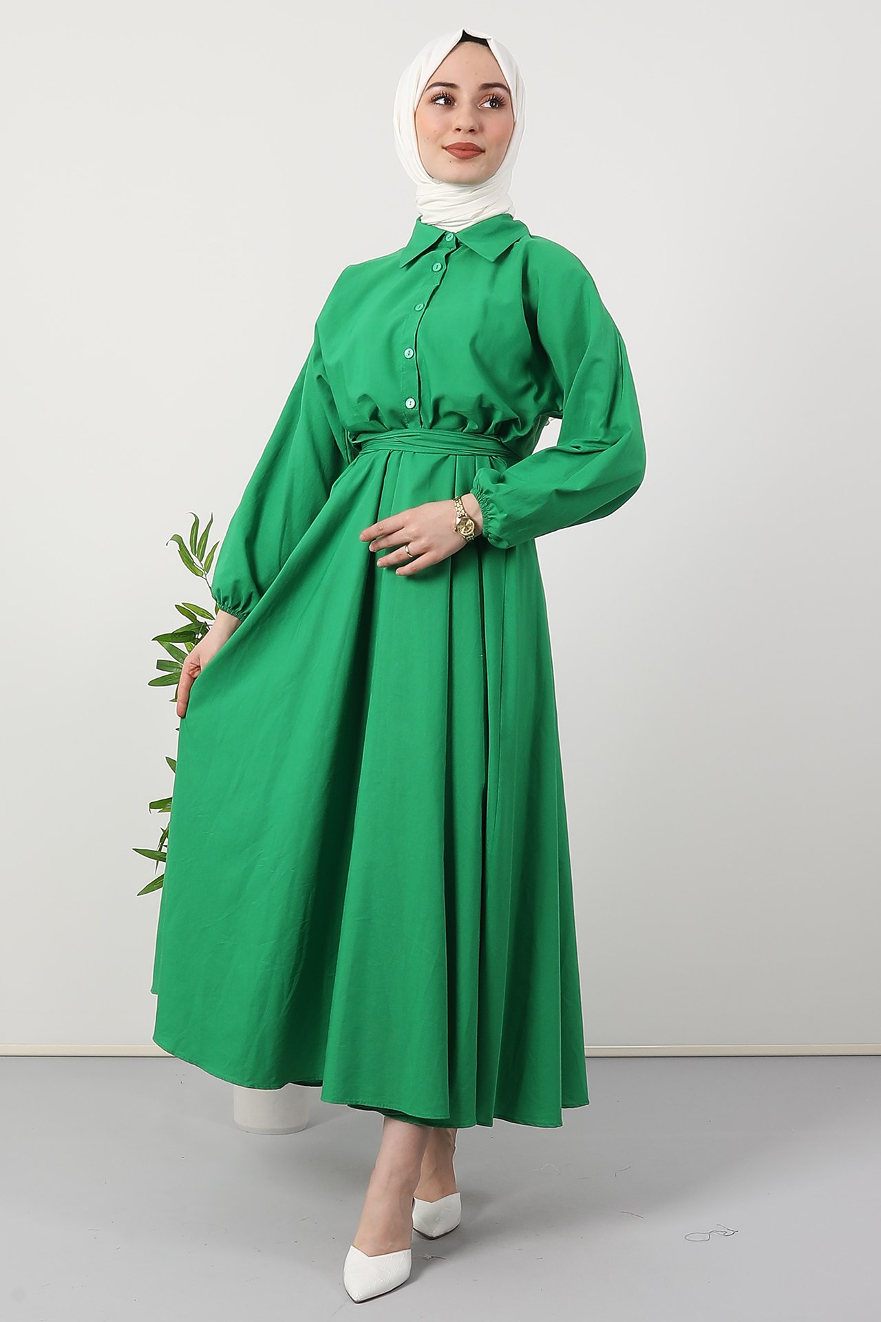 GİZAGİYİM - Düğmeli Kloş Elbise Yeşil