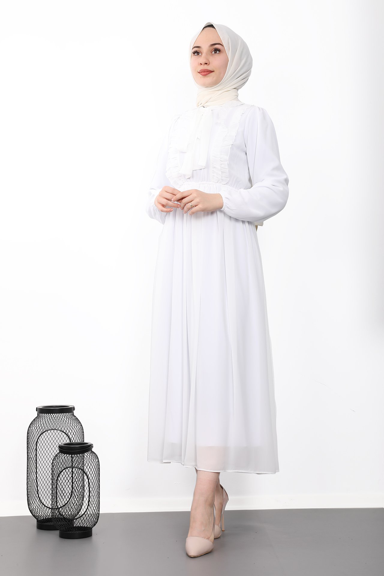 Fırfırlı Şifon Tesettür Elbise Beyaz