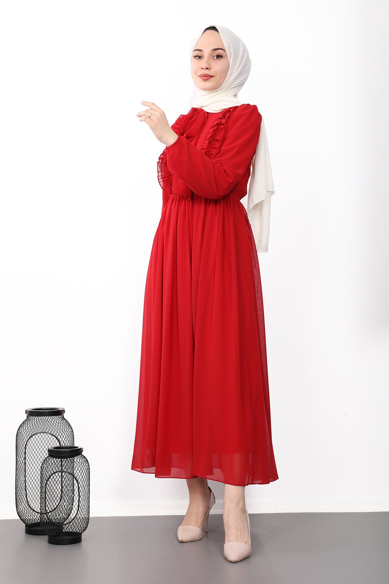 GİZAGİYİM - Fırfırlı Şifon Tesettür Elbise Kırmızı
