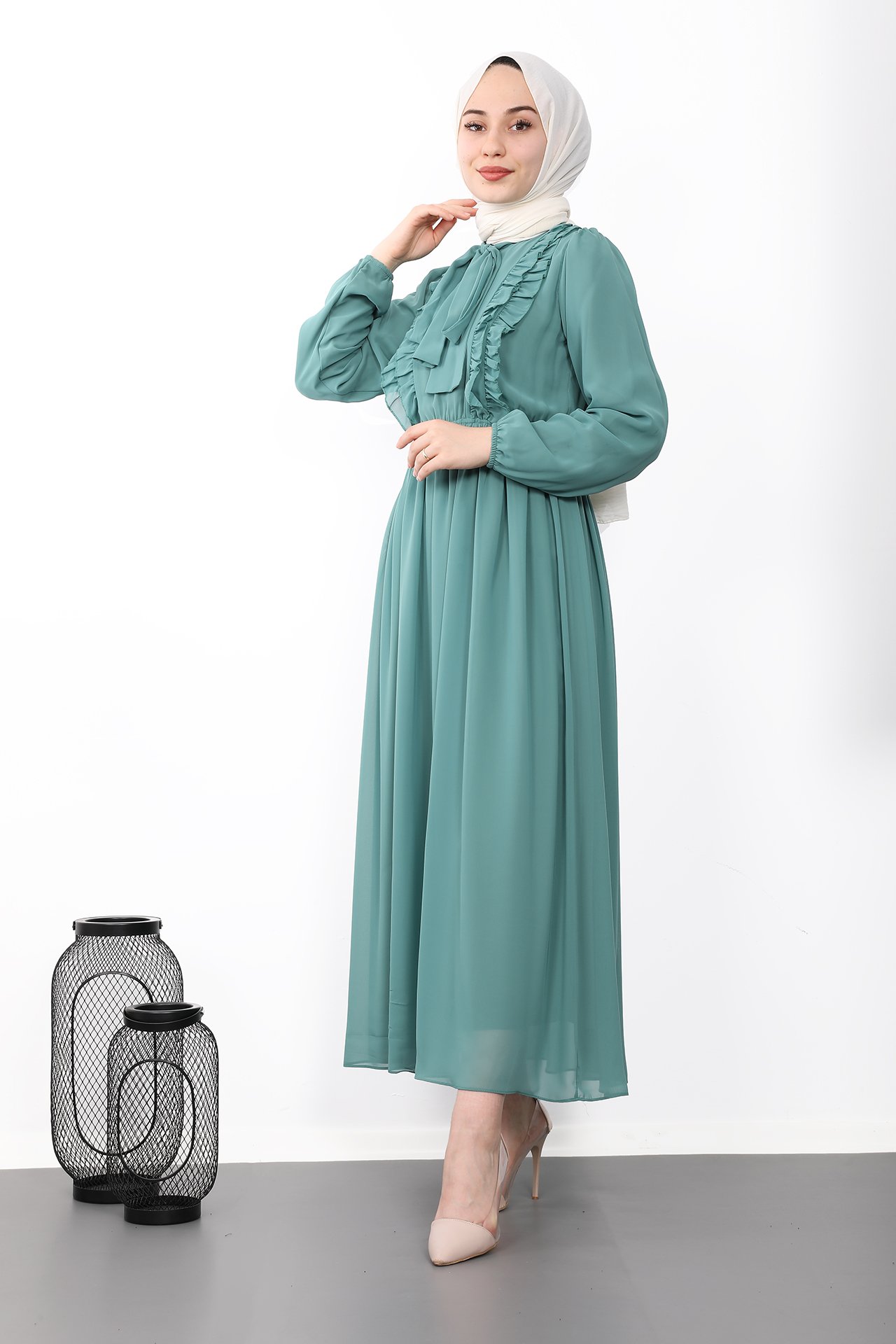 GİZAGİYİM - Fırfırlı Şifon Tesettür Elbise Mint