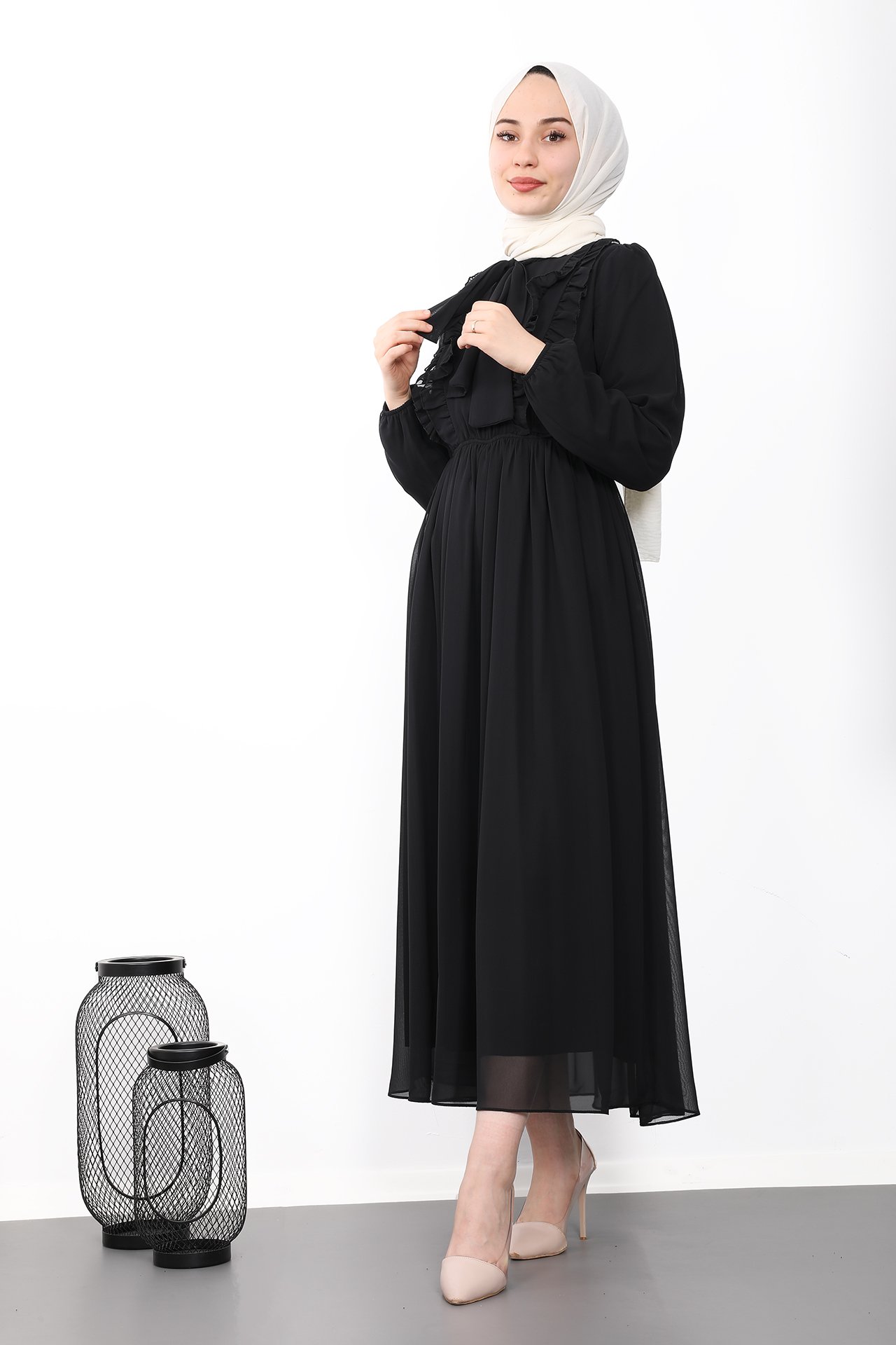 GİZAGİYİM - Fırfırlı Şifon Tesettür Elbise Siyah