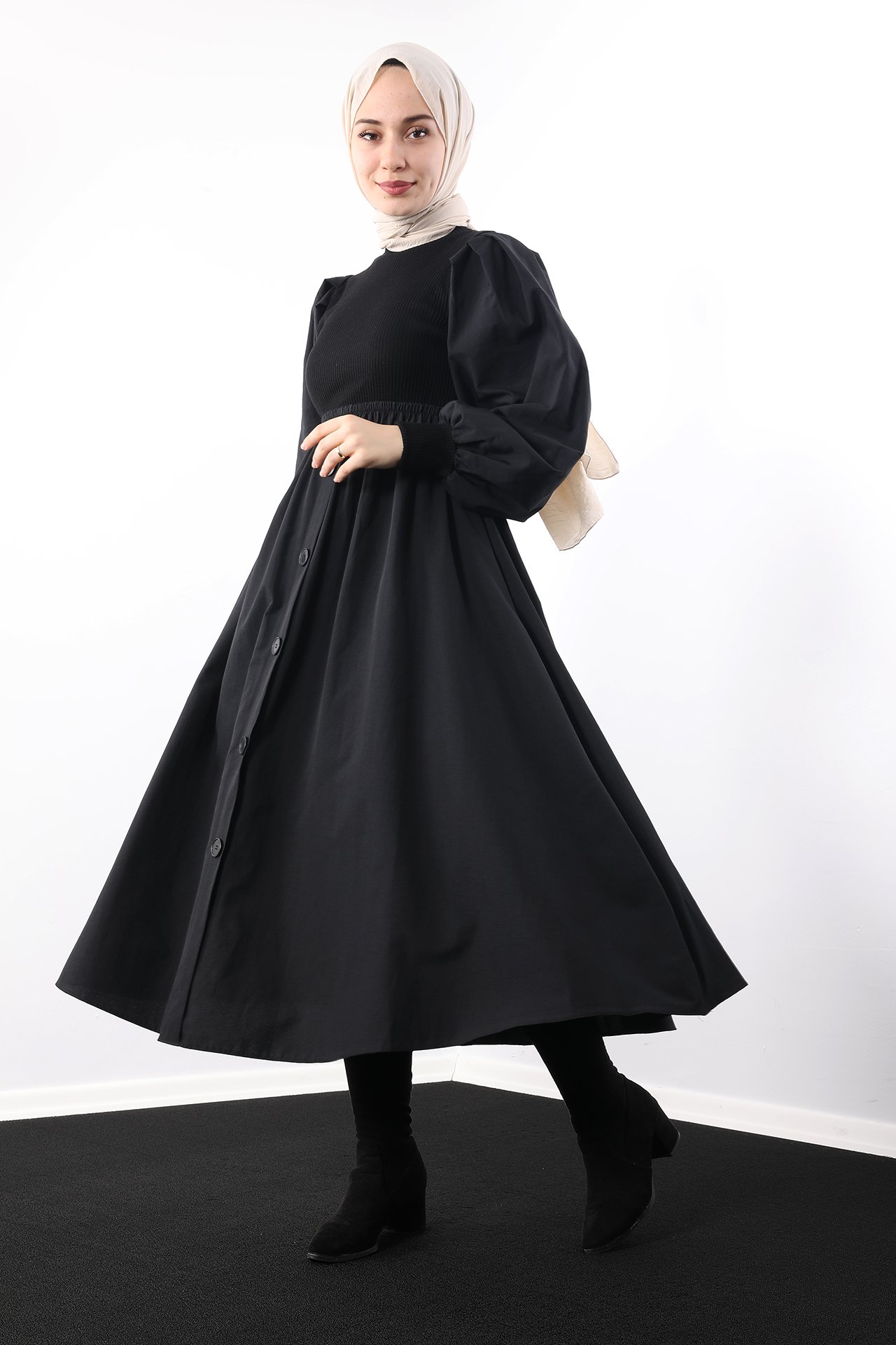 GİZAGİYİM - Kolu Bombeli Elbise Siyah