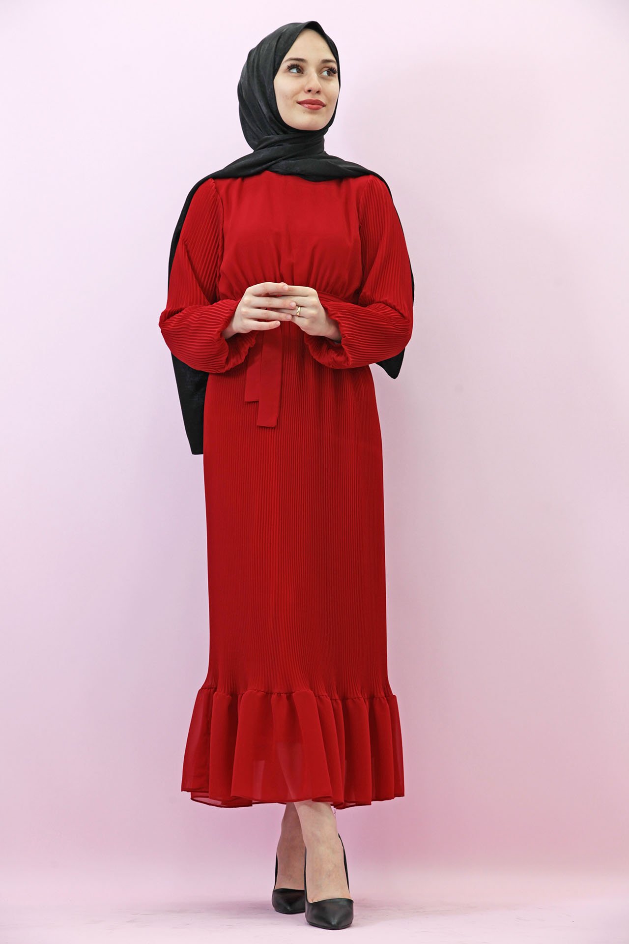 GİZAGİYİM - Kolu Lastikli Pilisoley Elbise Kırmızı