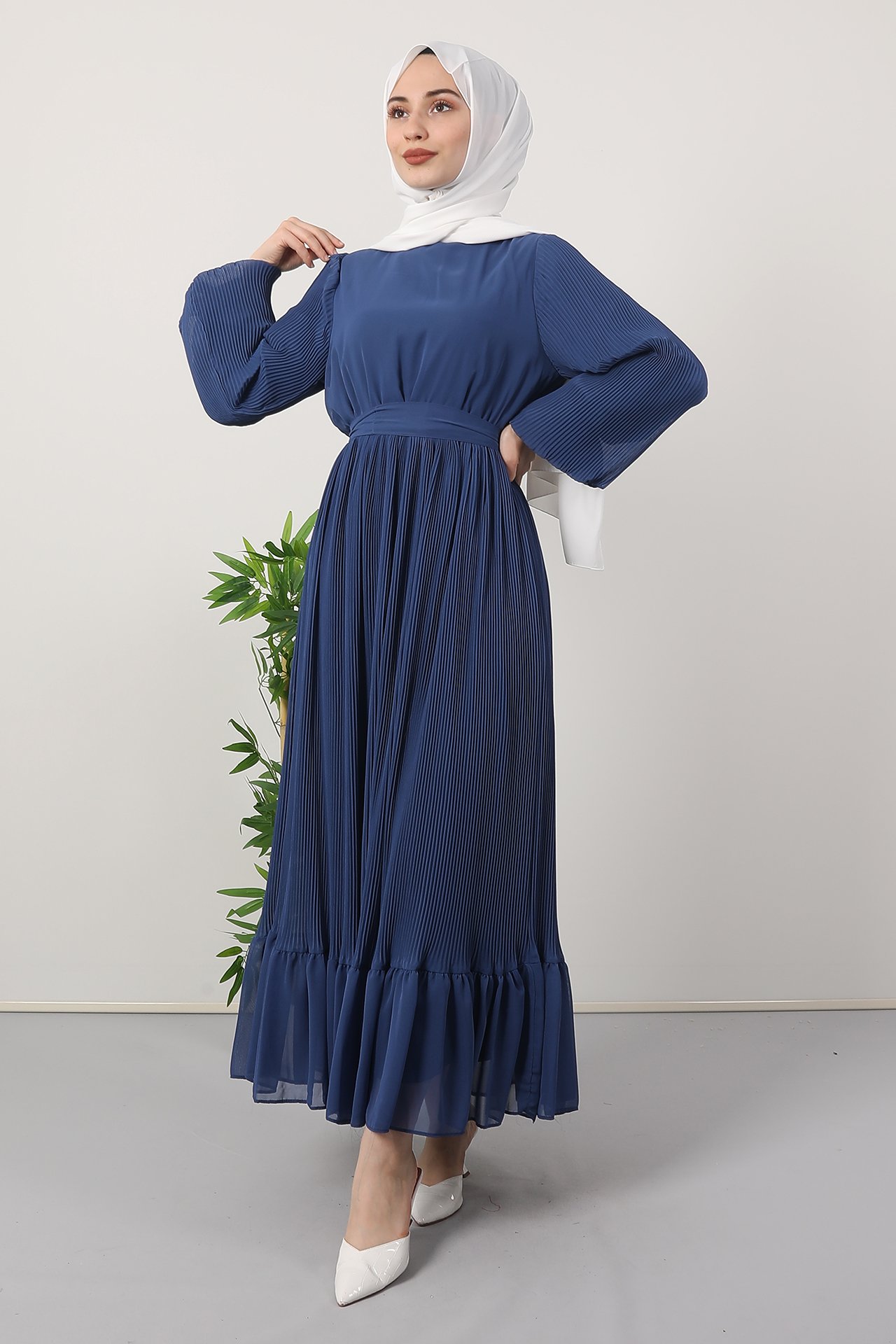 GİZAGİYİM - Beli Lastikli Pilisoley Elbise Koyu Mavi