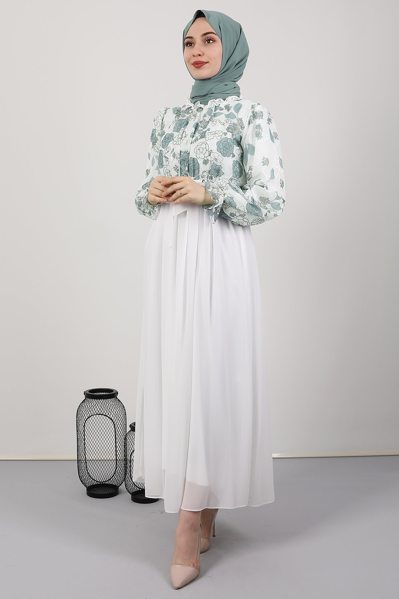 GİZAGİYİM - İşlemeli Çiçekli Şifon Elbise Mint
