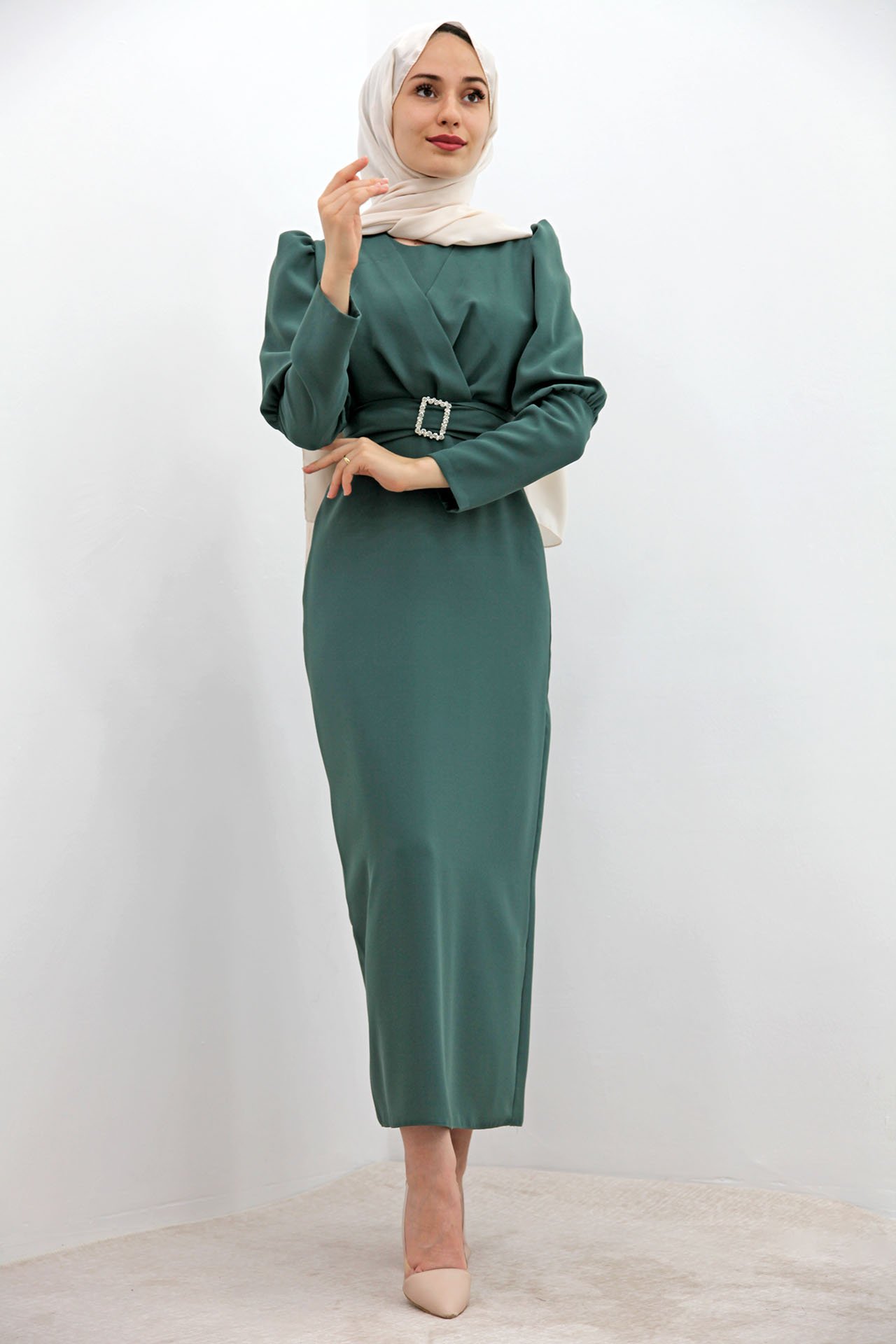 GİZAGİYİM - Önü Çapraz Kalem Elbise Mint Yeşil