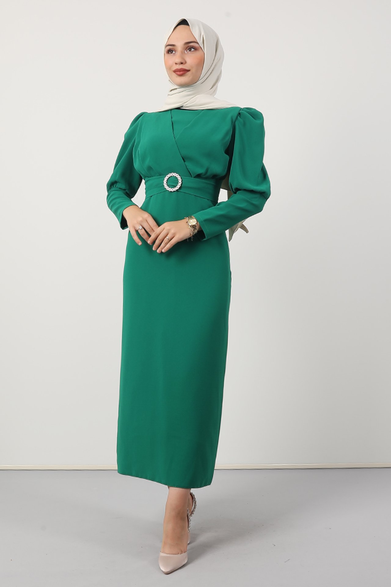GİZAGİYİM - Önü Çapraz Kalem Elbise Yeşil