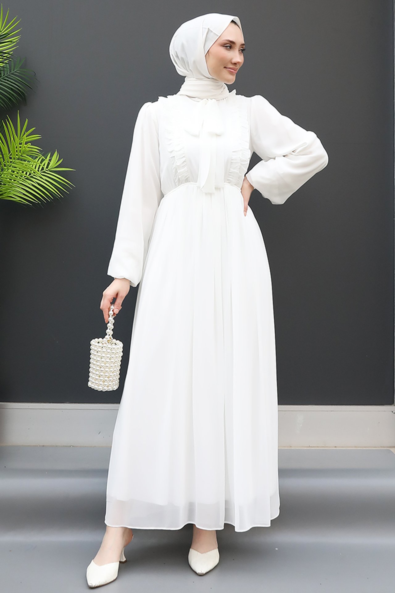 GİZ AGİYİM - Yakası Kuşaklı Elbise Beyaz