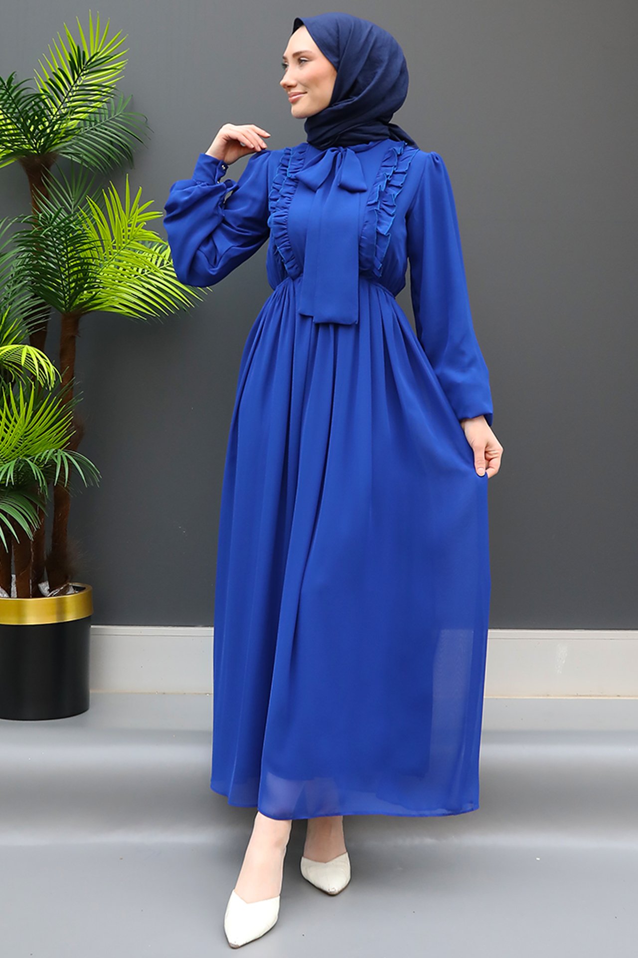 GİZ AGİYİM - Yakası Kuşaklı Elbise Gece Mavi