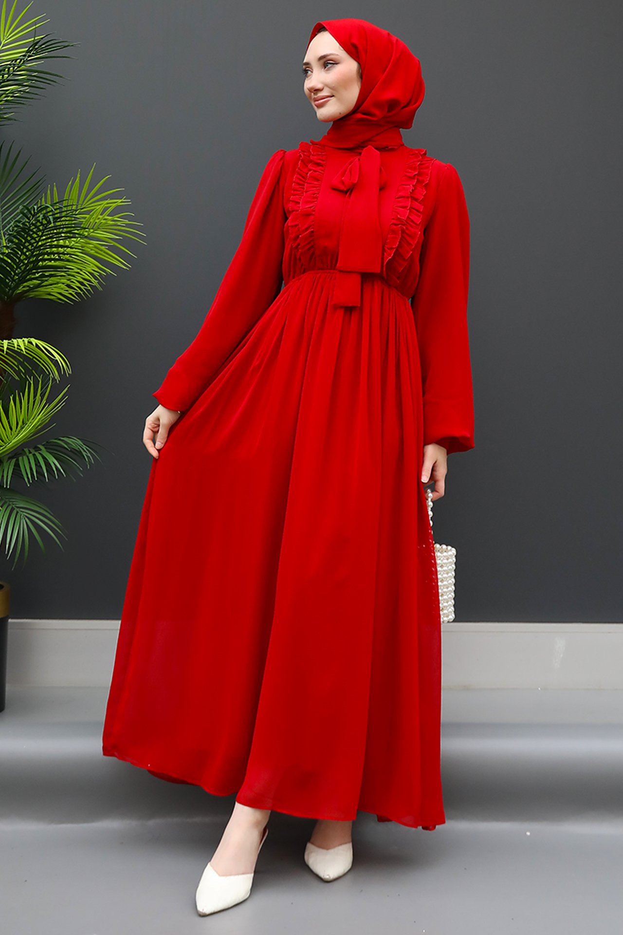 GİZ AGİYİM - Yakası Kuşaklı Elbise Kırmızı