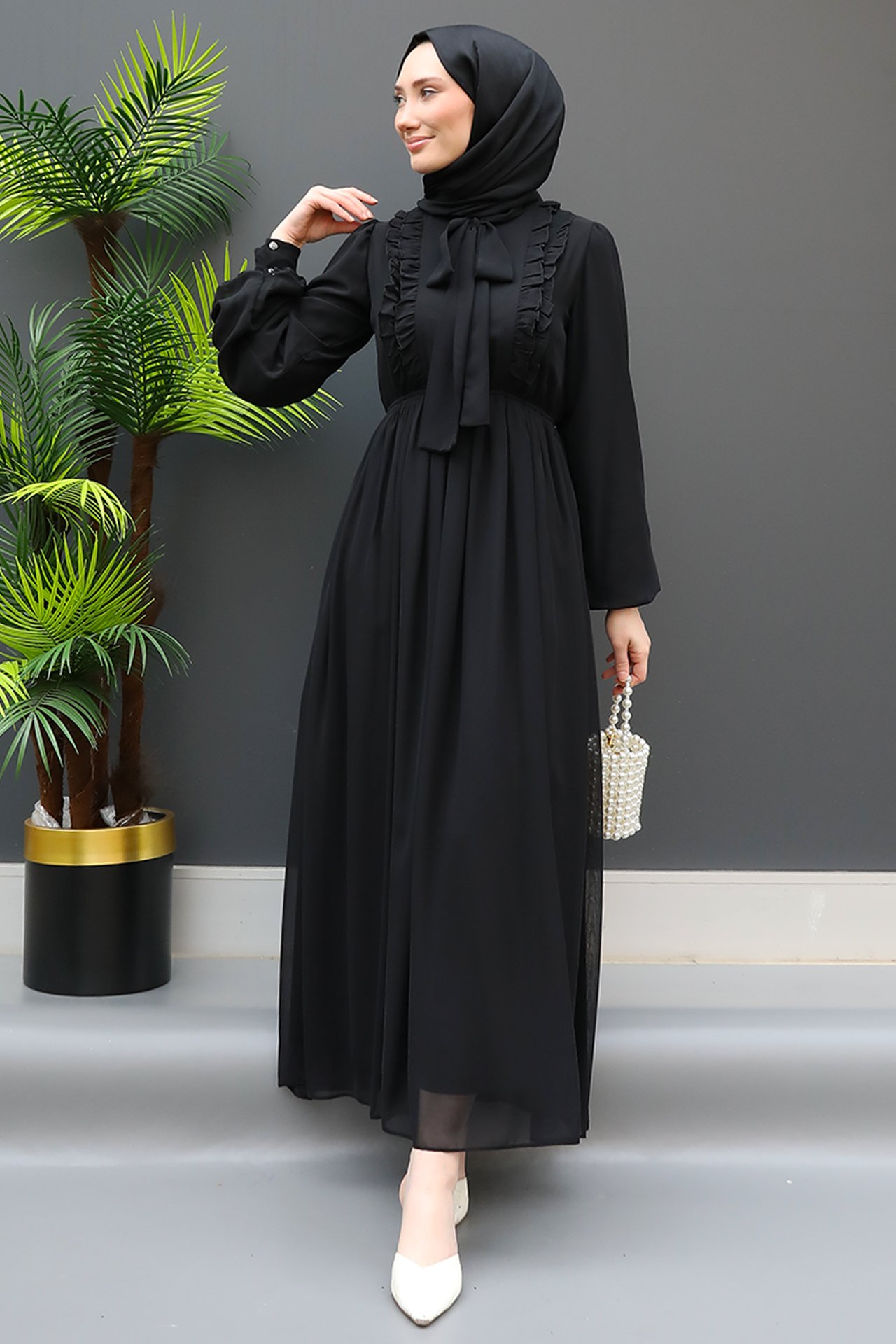 GİZ AGİYİM - Yakası Kuşaklı Elbise Siyah