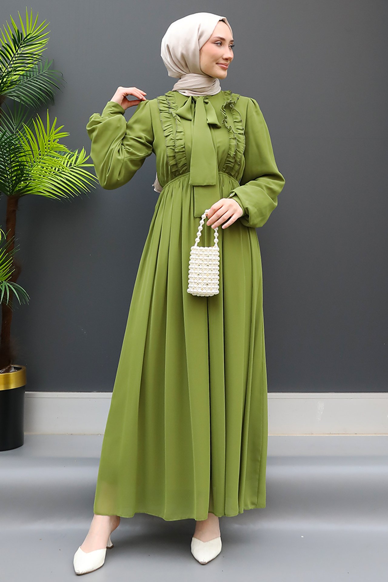GİZ AGİYİM - Yakası Kuşaklı Elbise Yağ Yeşil