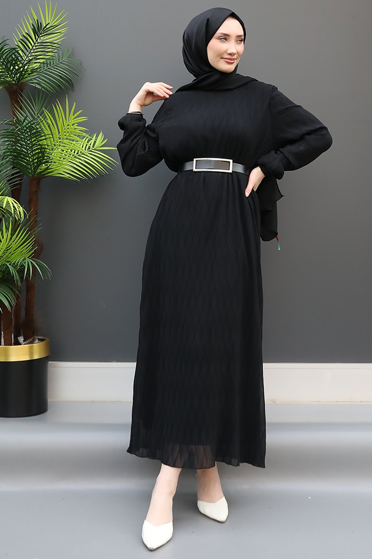GİZ AGİYİM - Kemerli Desenli Elbise Siyah