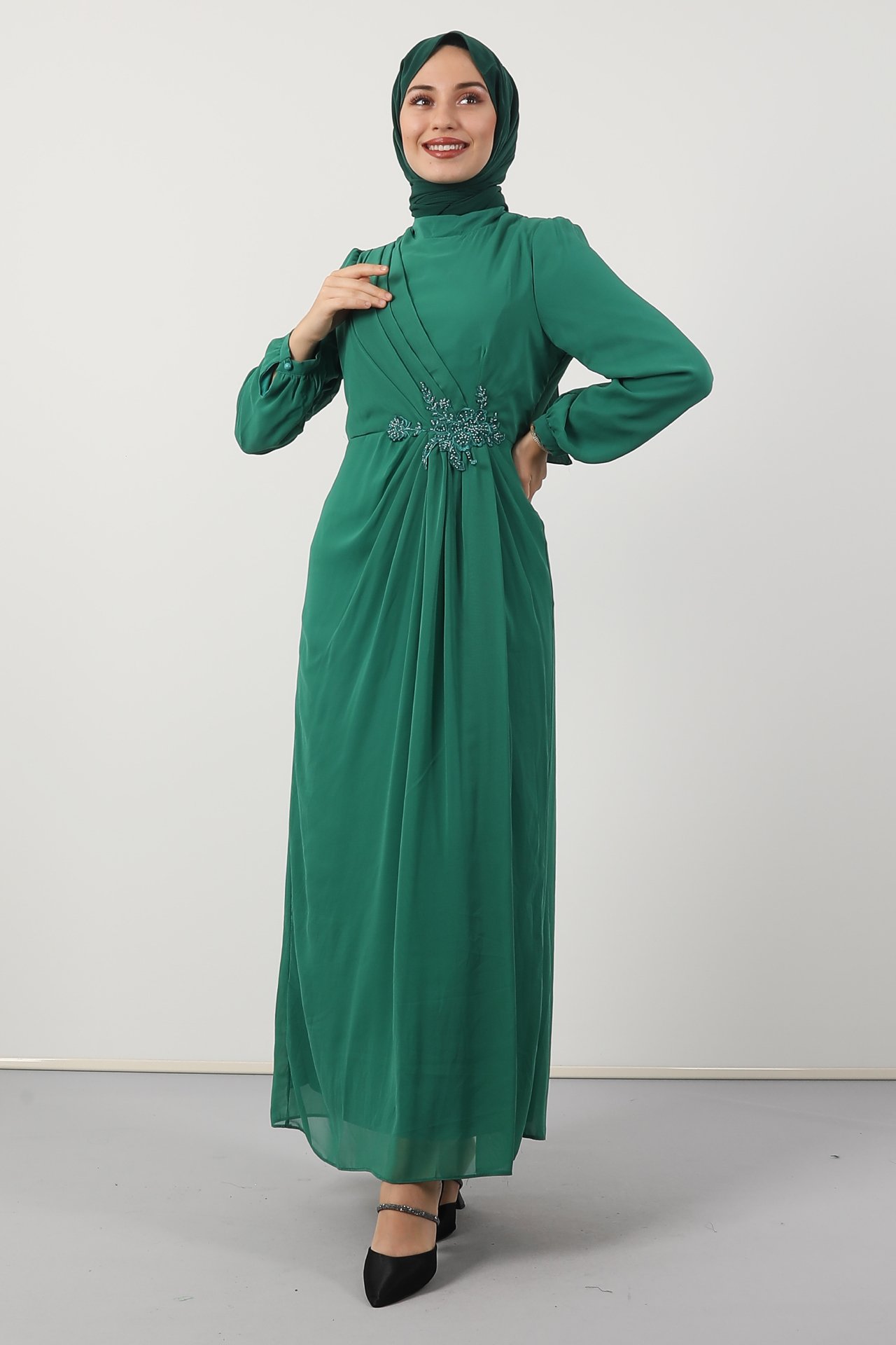 Beli İşlemeli Şifon Elbise Yeşil - Thumbnail