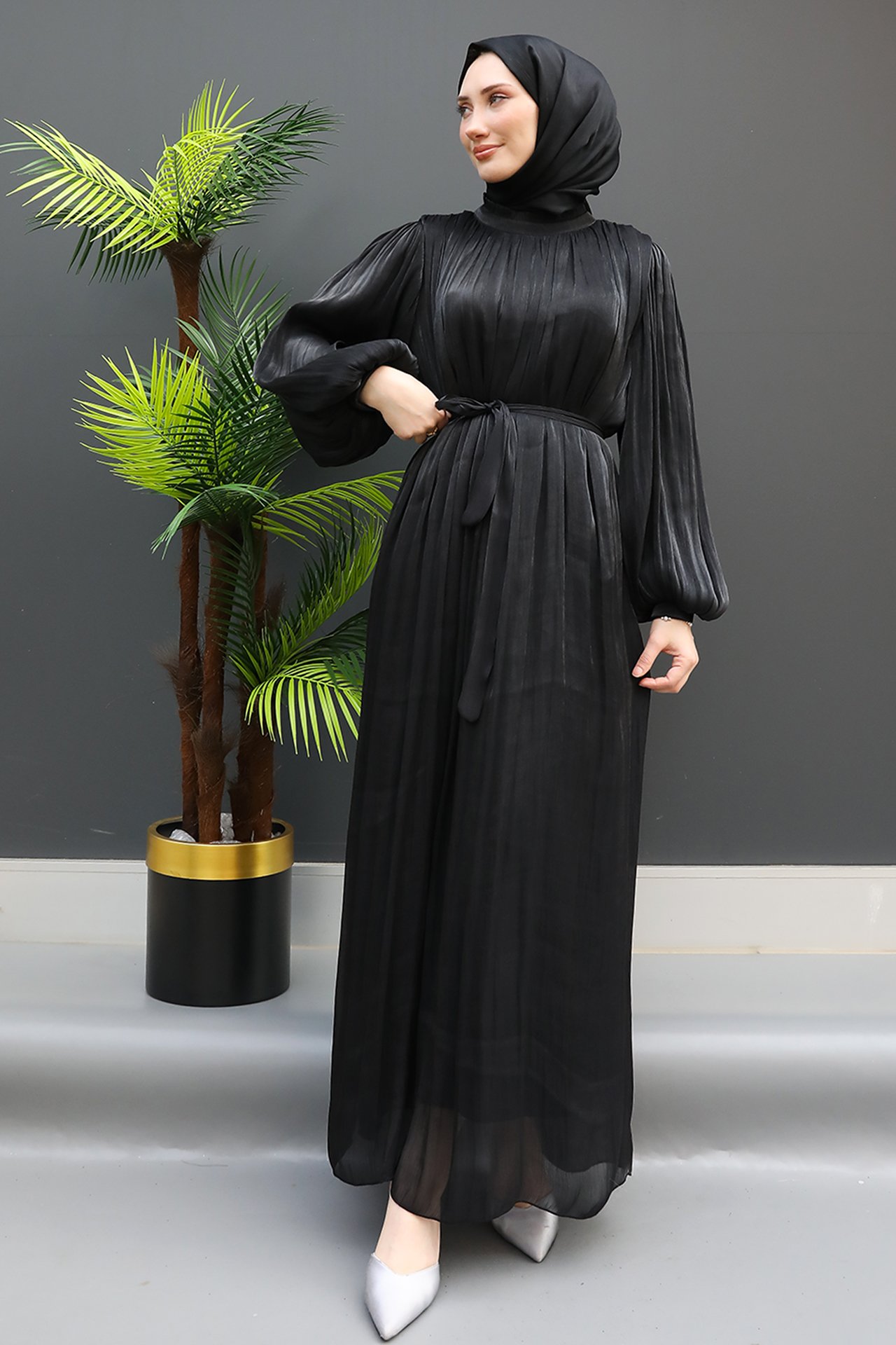 GİZ AGİYİM - Balon Kol İpek Elbise Siyah