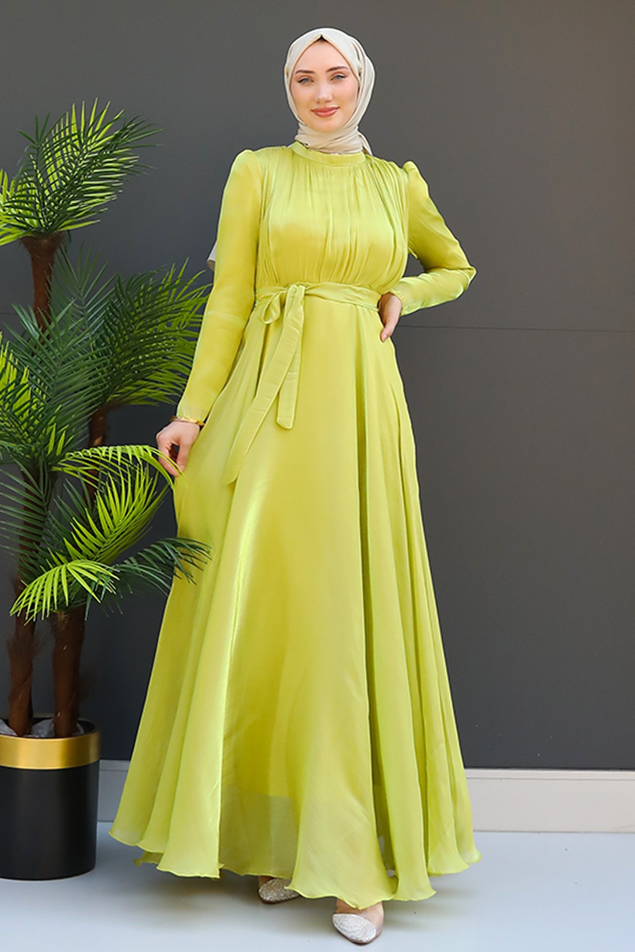 GİZ AGİYİM - Verev Tesettür Elbise Yağ Yeşil