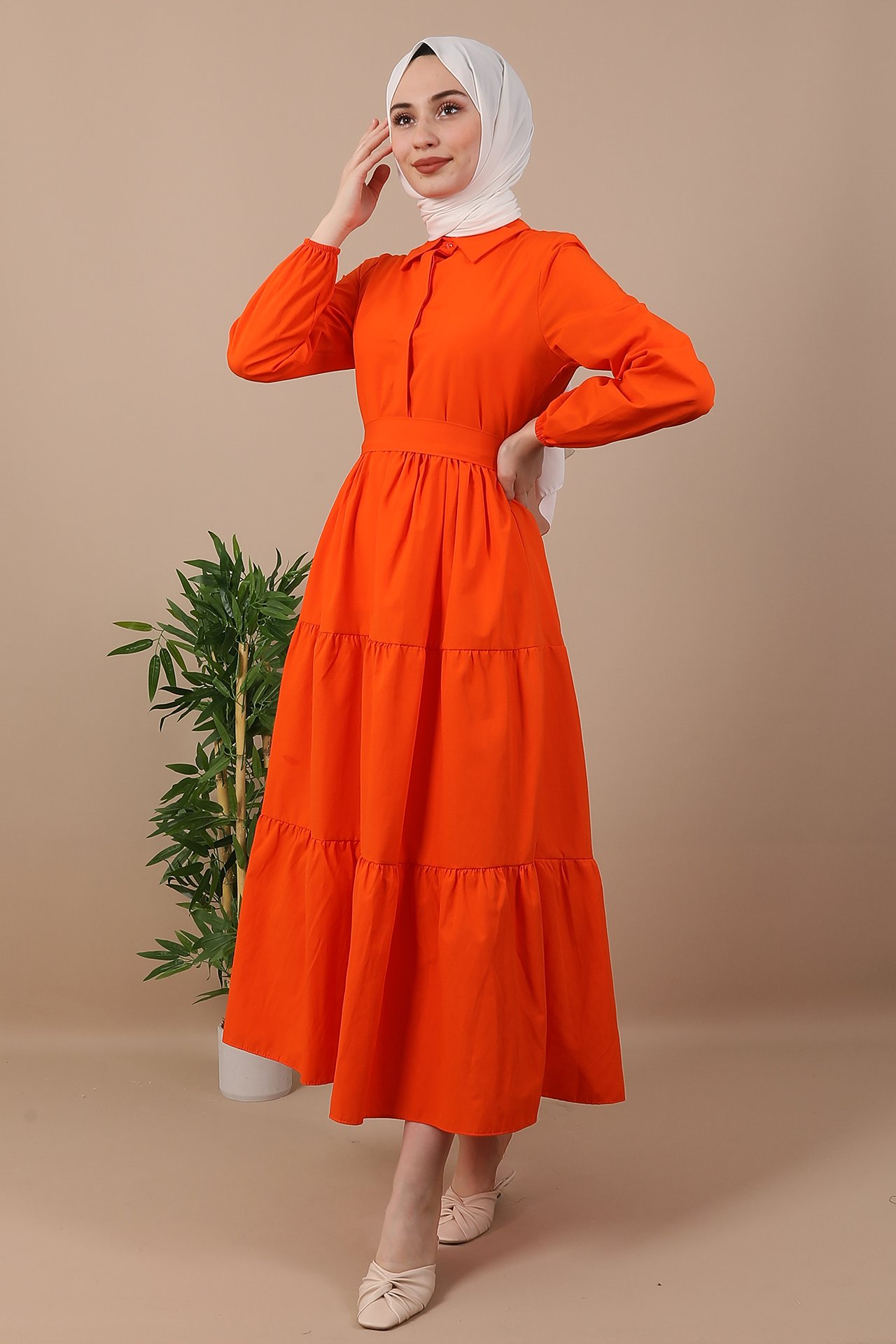 GİZAGİYİM - Standart Yaka Düğmeli Elbise Orange