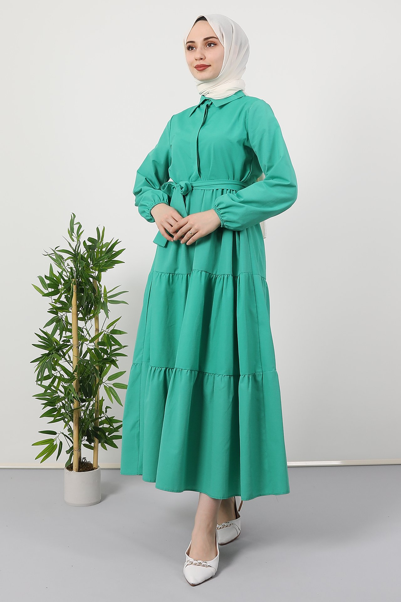 GİZAGİYİM - Standart Yaka Düğmeli Elbise Soft Yeşil