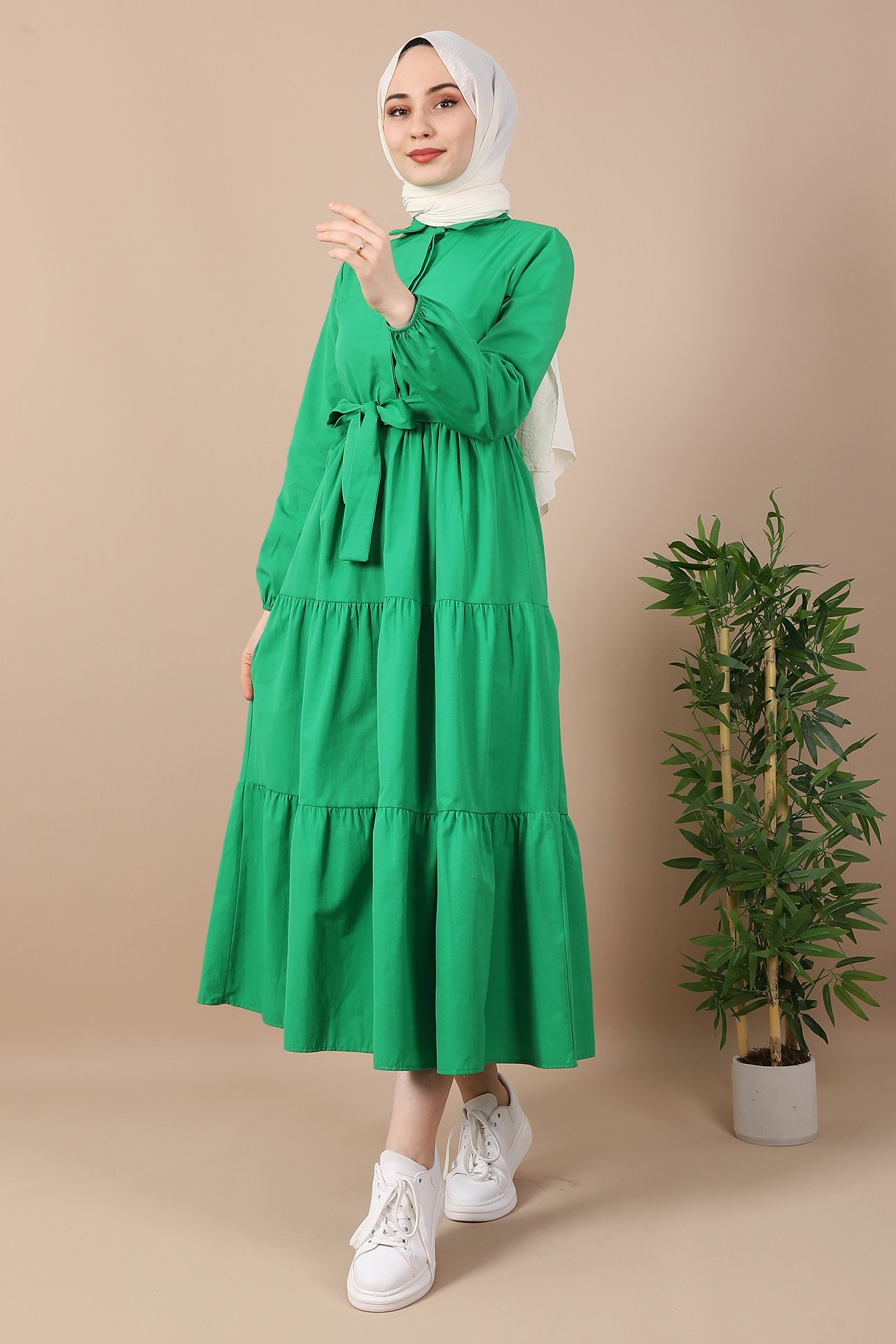 GİZAGİYİM - Standart Yaka Düğmeli Elbise Yeşil
