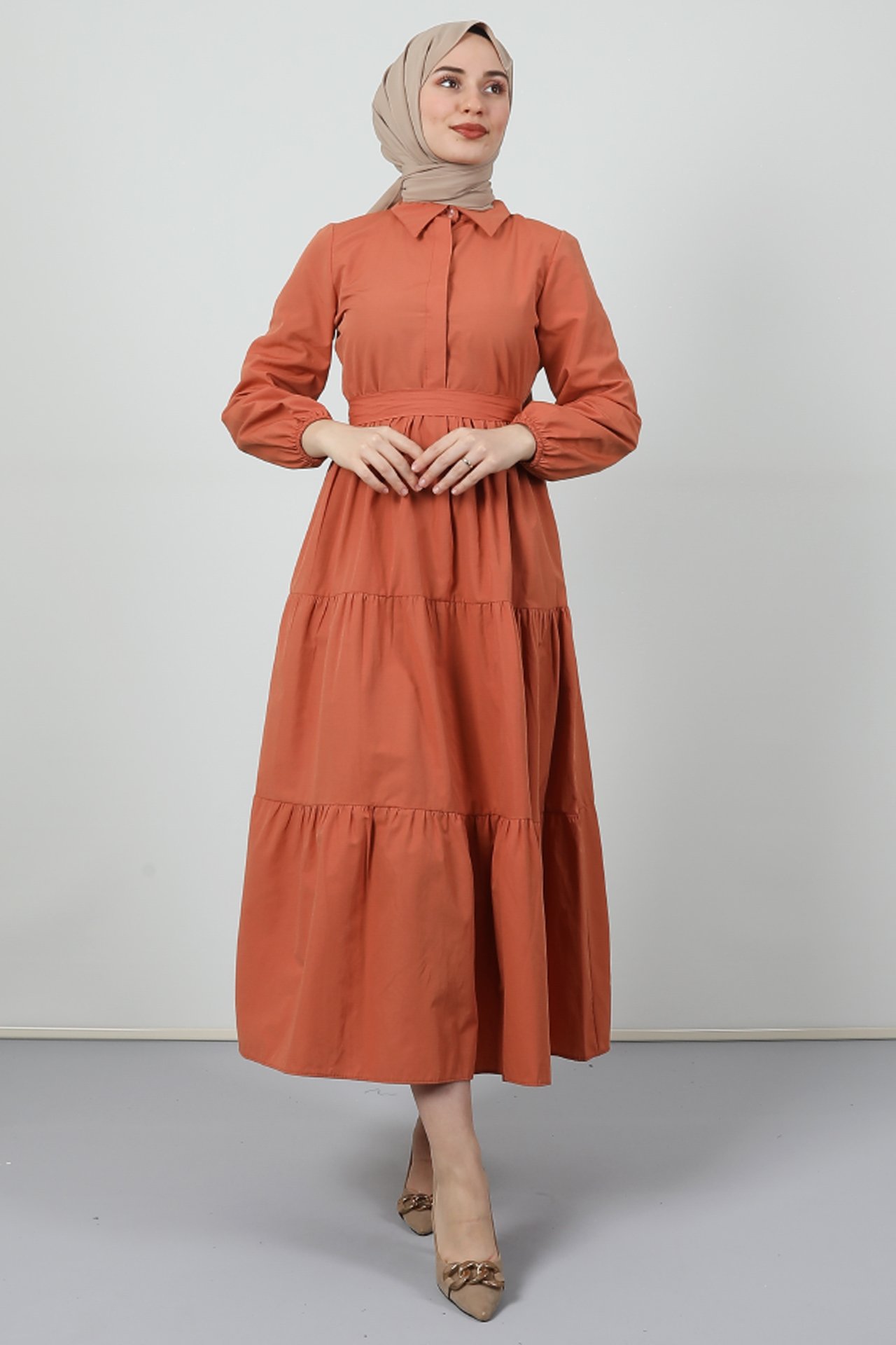 GİZAGİYİM - Standart Yaka Düğmeli Elbise Soft Turuncu 