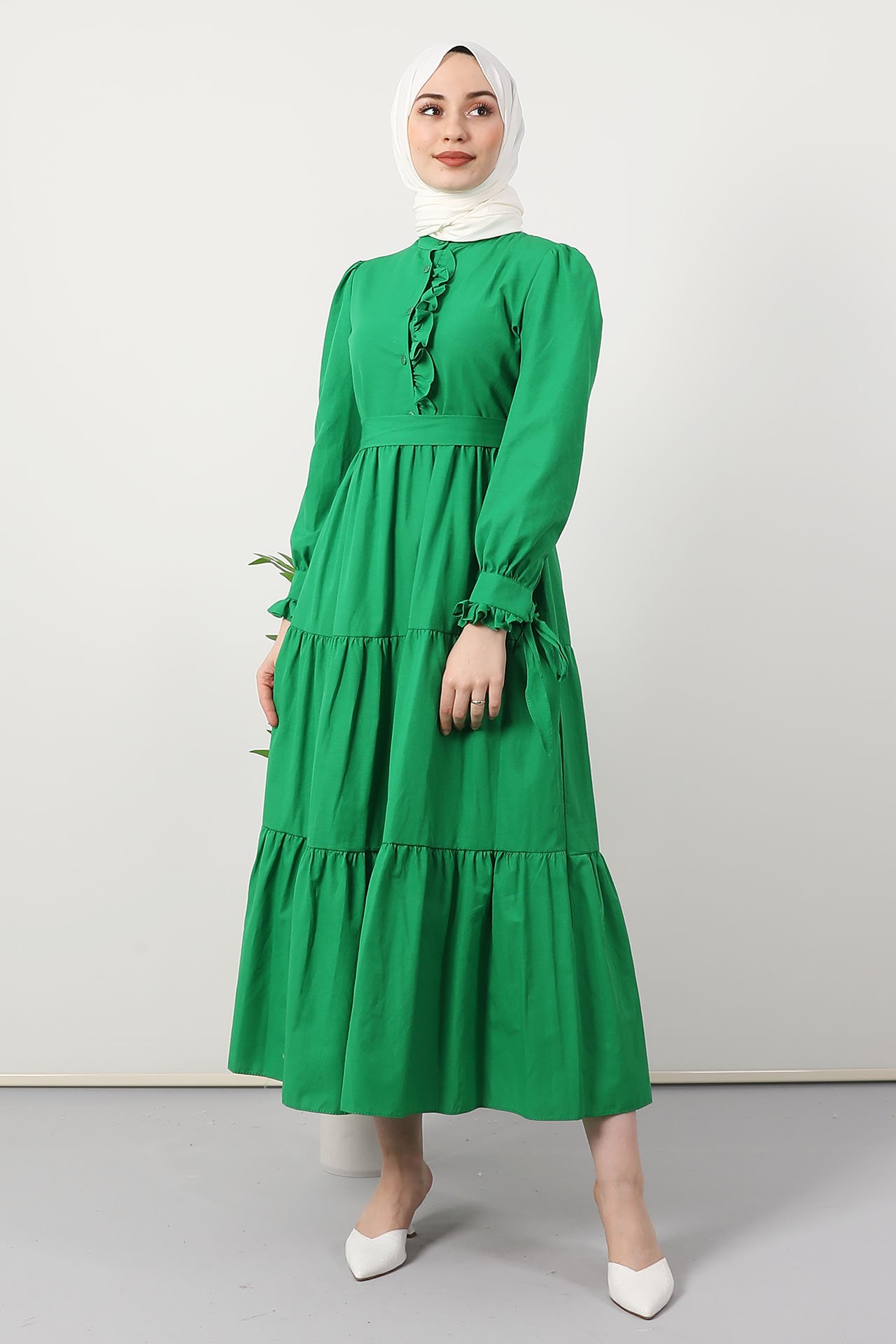 GİZAGİYİM - Kolu Fırfırlı Elbise Yeşil