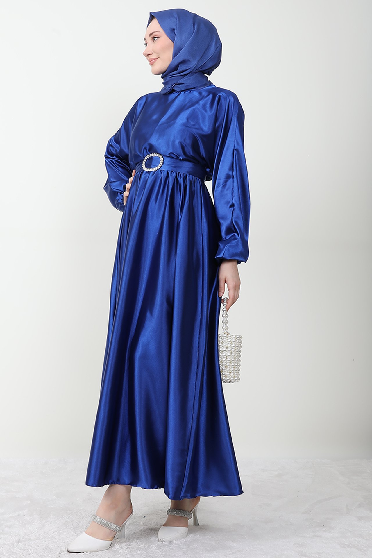 GİZAGİYİM - Zincir Motif Kuşaklı Elbise Gece Mavi