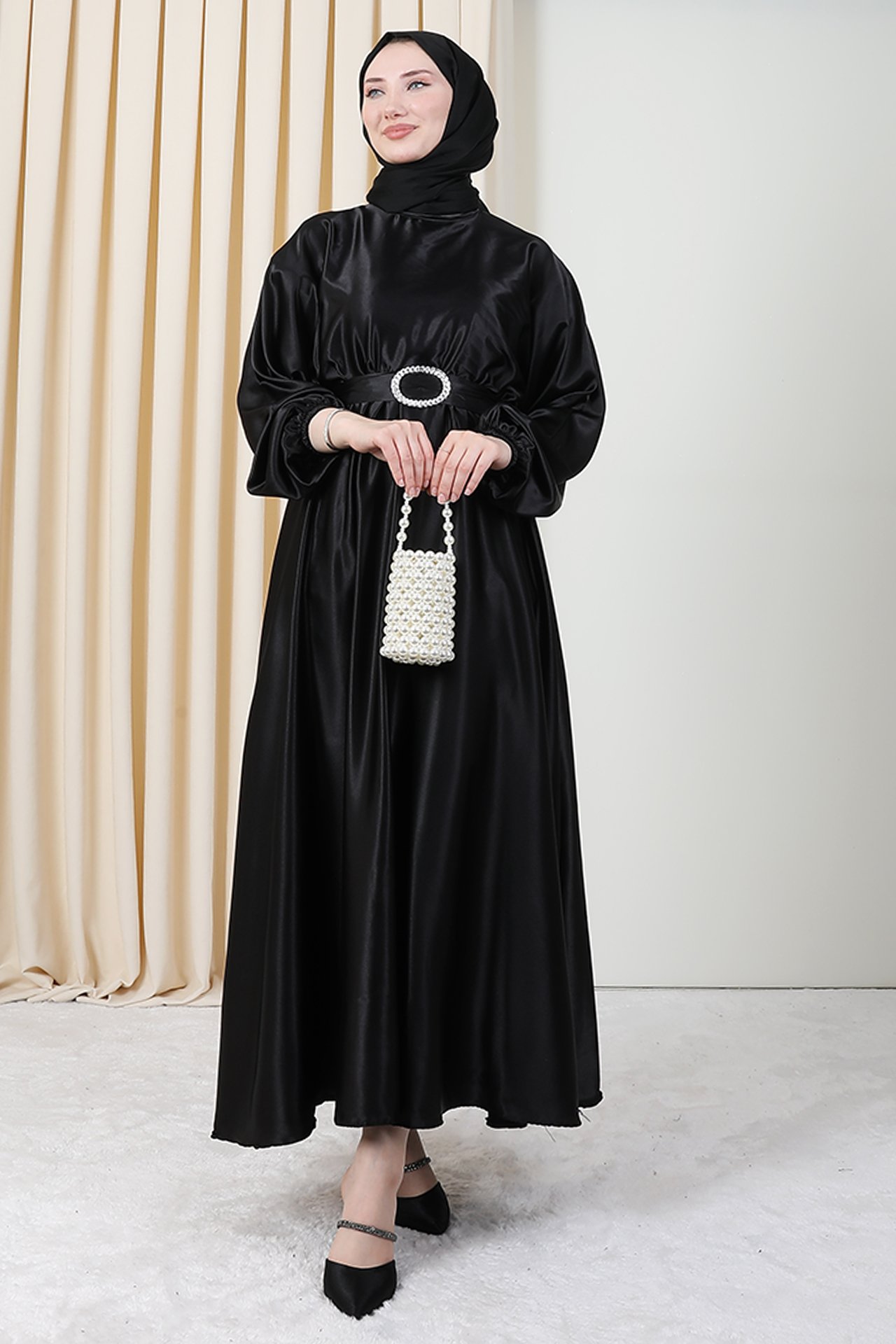 GİZAGİYİM - Zincir Motif Kuşaklı Elbise Siyah