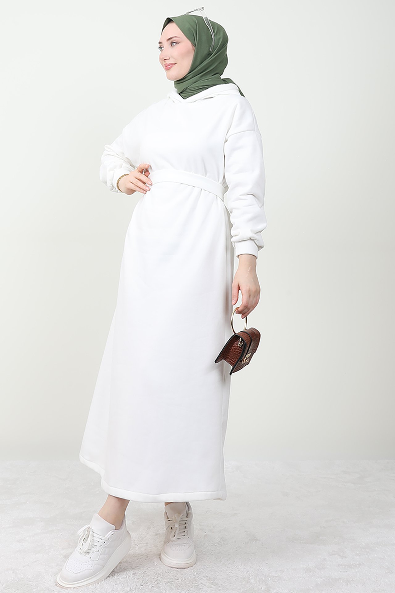 GİZ AGİYİM - Kapüşonlu Şardonlu Elbise Beyaz