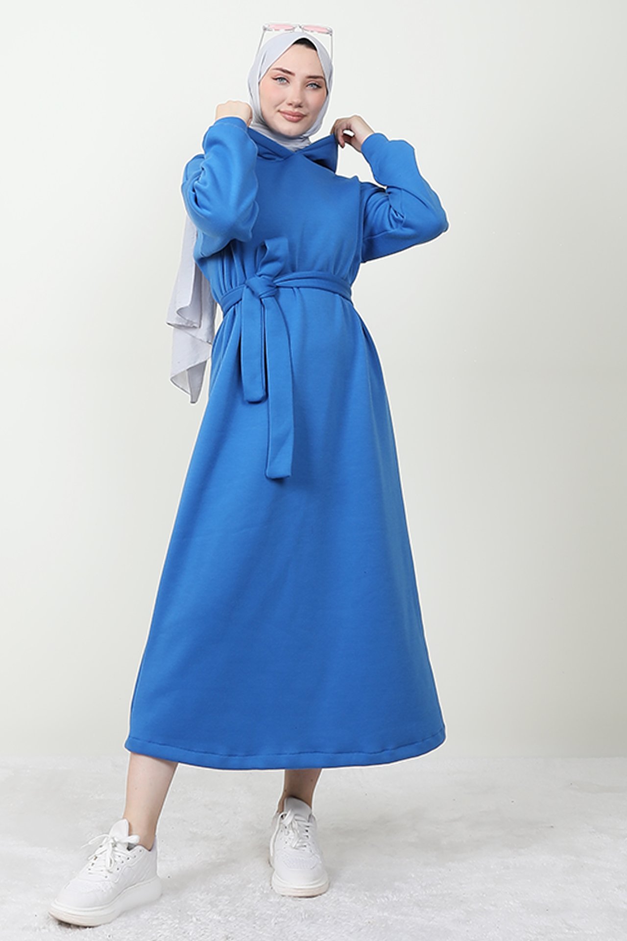 GİZ AGİYİM - Kapüşonlu Şardonlu Elbise Koyu Mavi