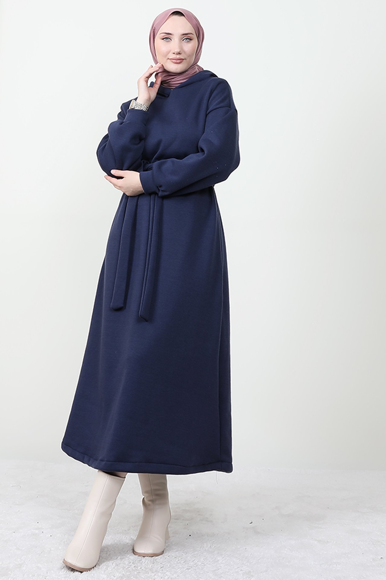 GİZ AGİYİM - Kapüşonlu Şardonlu Elbise Lacivert