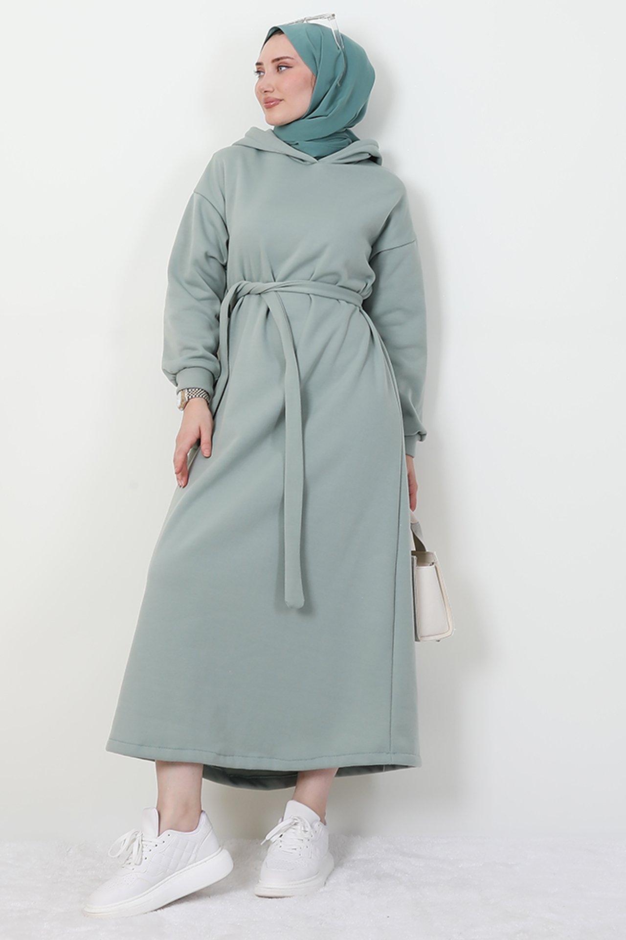 GİZAGİYİM - Kapüşonlu Şardonlu Elbise Mint