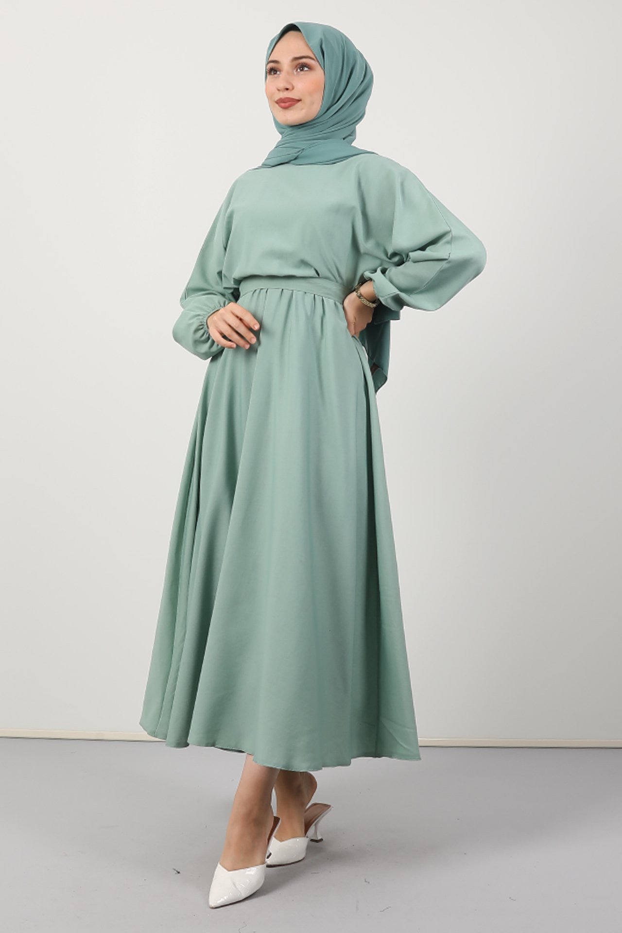 GİZAGİYİM - Prenses Koton Elbise Açık Yeşil