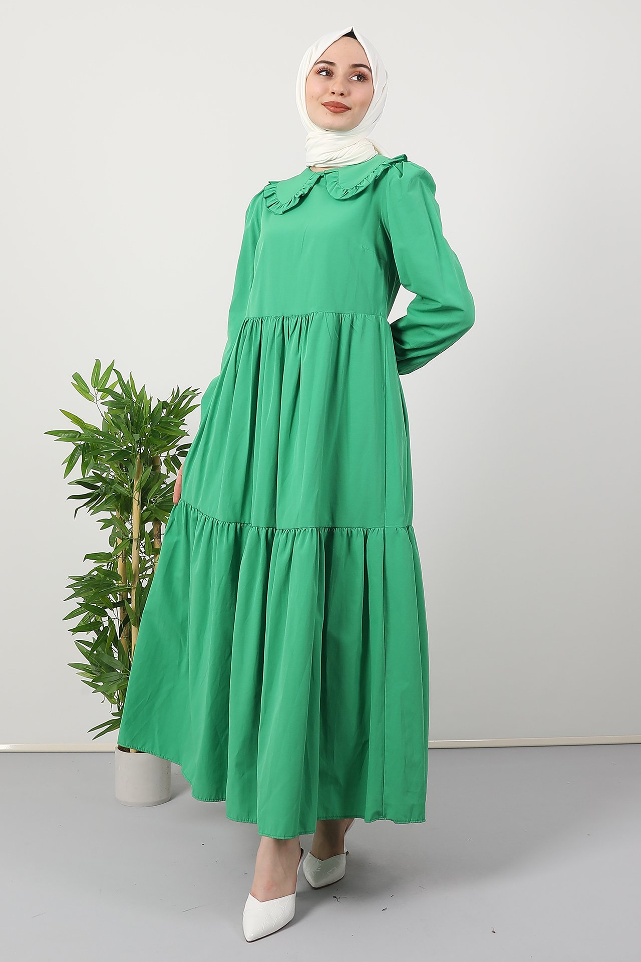GİZAGİYİM - Bebe Yaka Koton Elbise Yeşil
