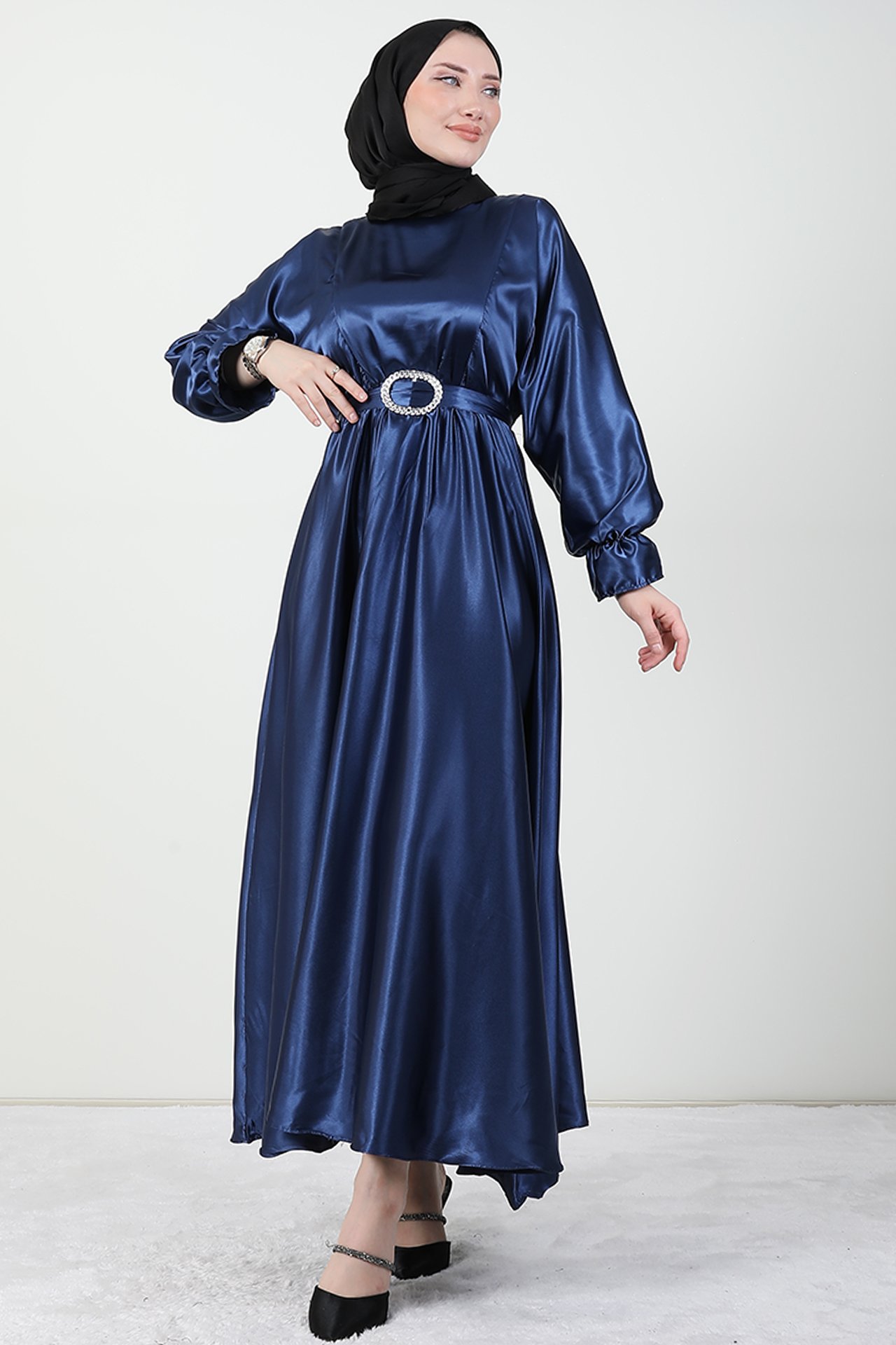 GİZAGİYİM - Beli Lastikli Saten Elbise Lacivert