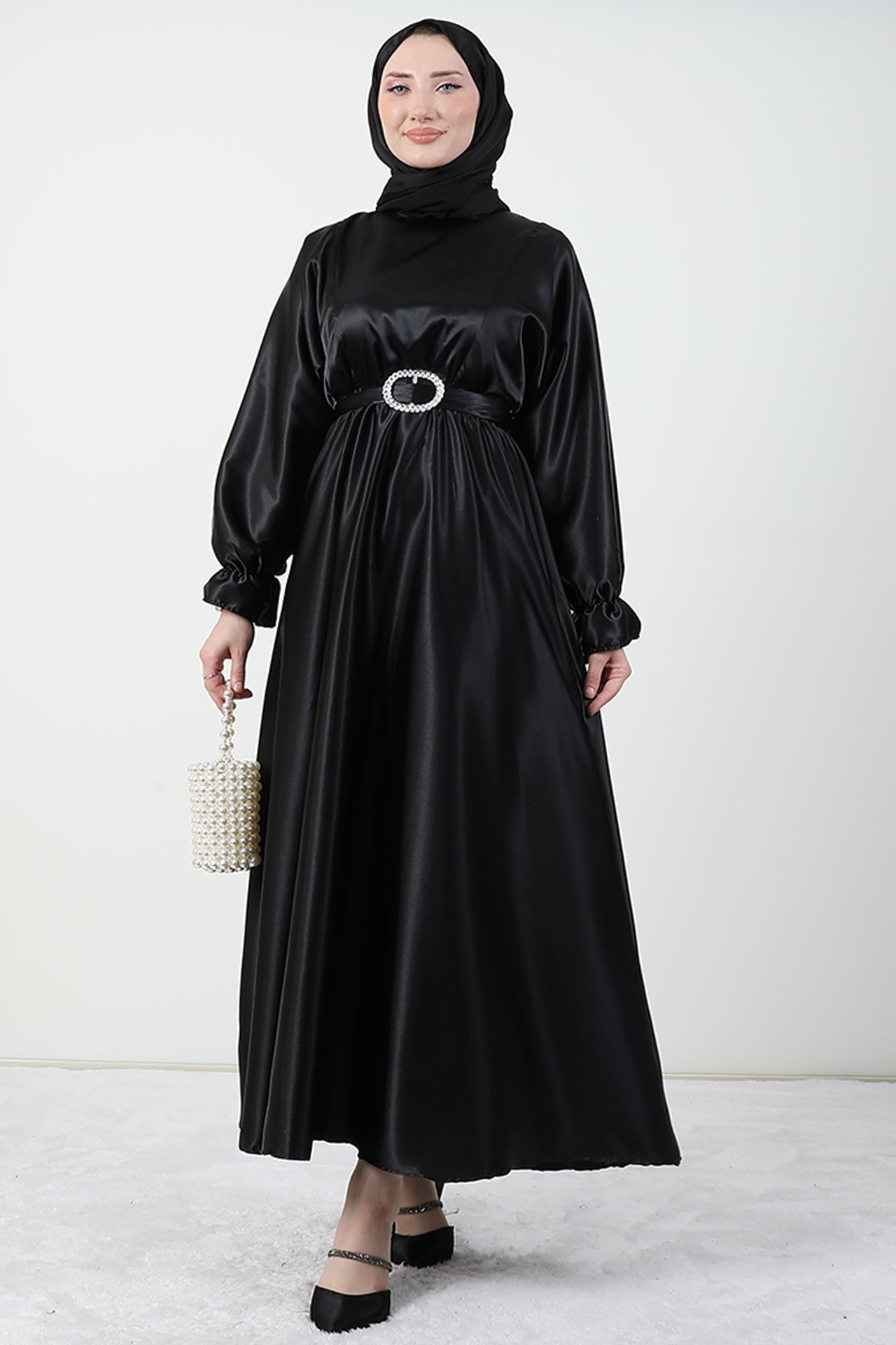 GİZAGİYİM - Beli Lastikli Saten Elbise Siyah