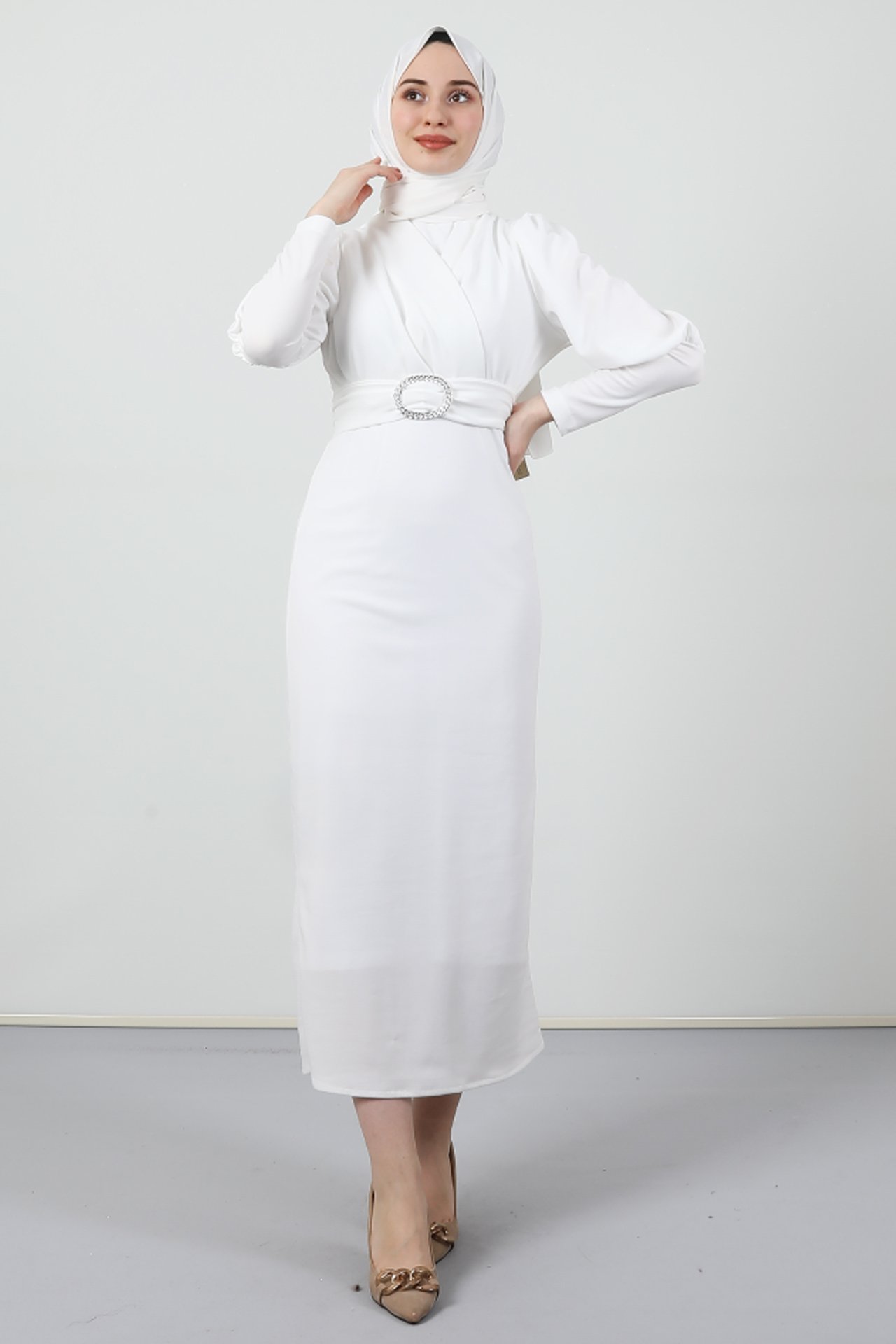 GİZAGİYİM - Yakası Çapraz Elbise Beyaz
