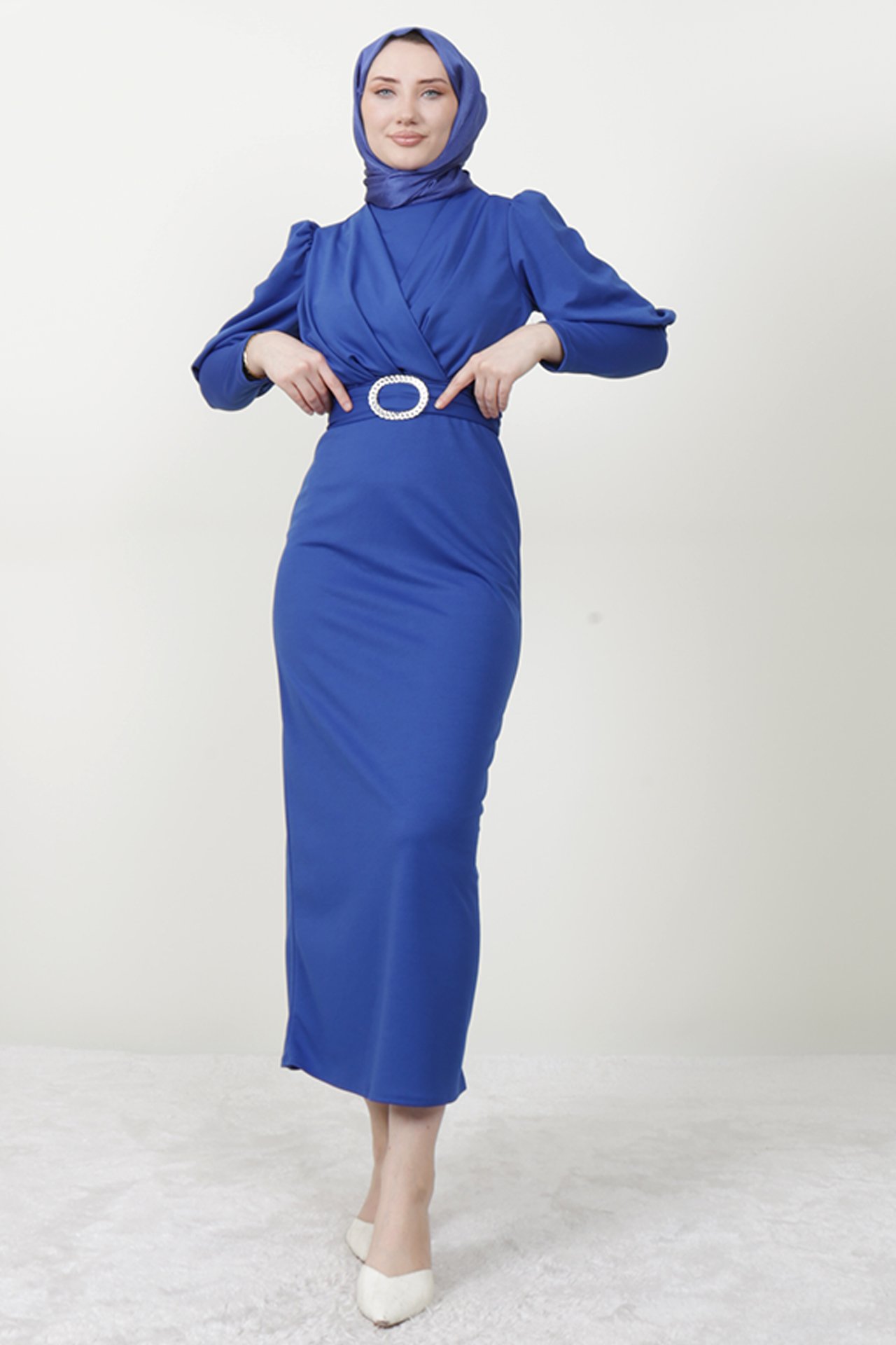 GİZ AGİYİM - Yakası Çapraz Elbise Gece Mavi