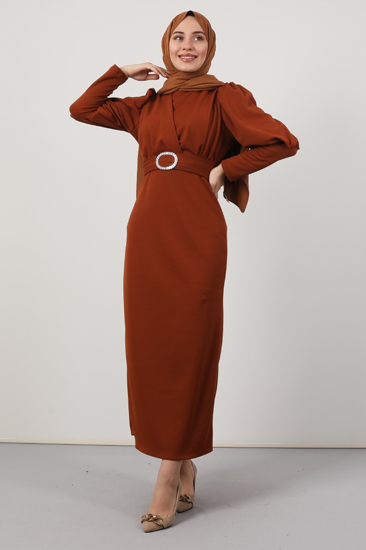 Yakası Çapraz Elbise Kiremit - Thumbnail
